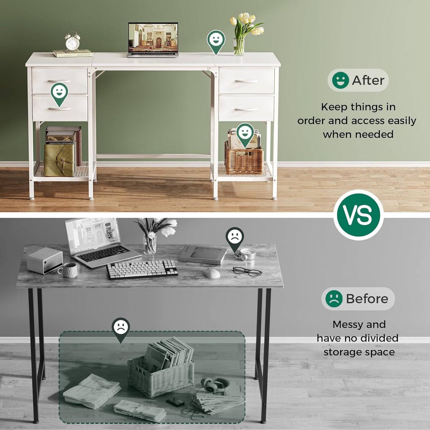 Huuger 55 Inch White Desk with 4 Drawers, Vanity Desk with Mesh Shelf for Makeup, Computer Desk for Home Office with Large Storage, Bedroom, Work from Home