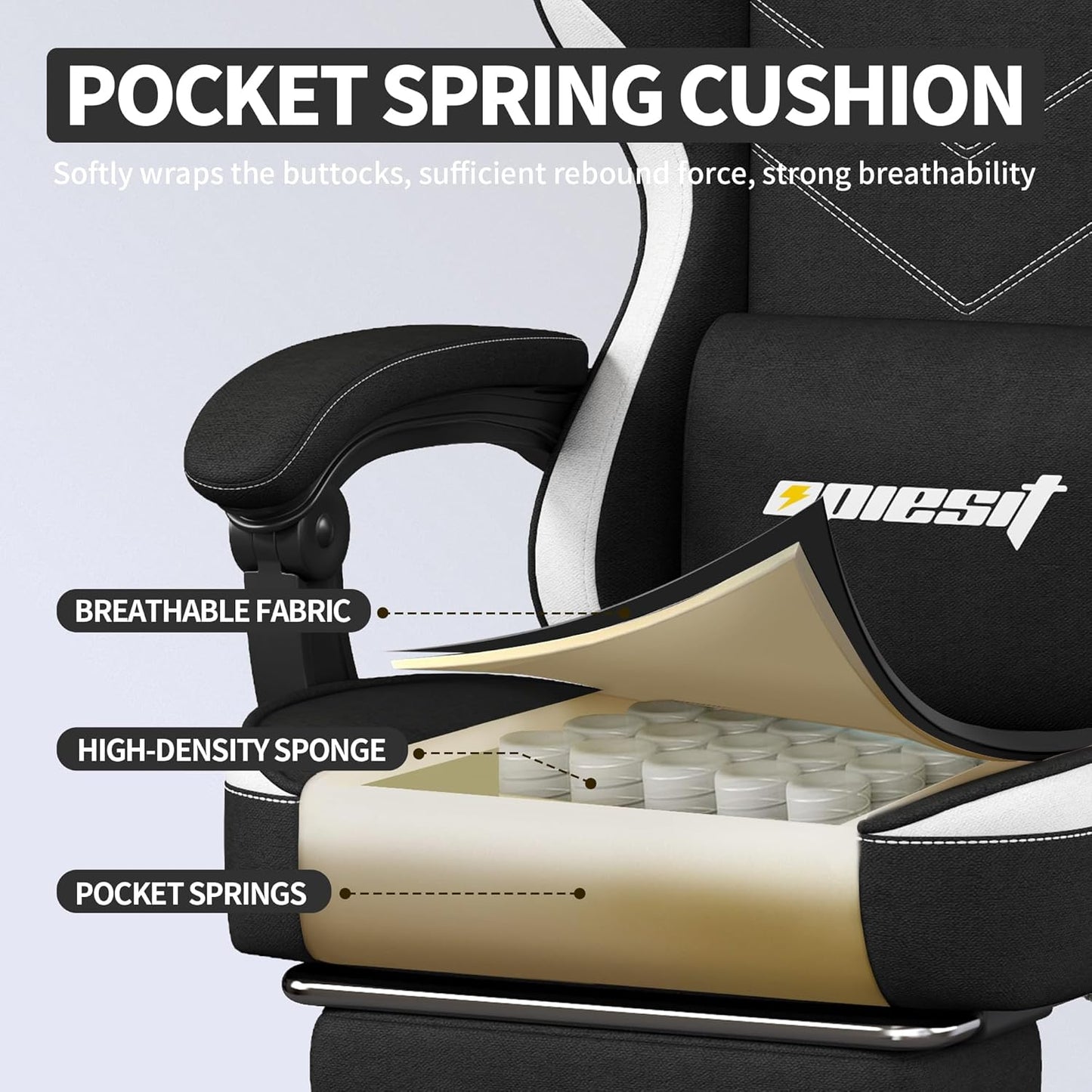 Gaming Chair,Fabric Computer Chair with Pocket Spring Cushion,400 lb Load Capacity,Ergonomic Office Chair with Footrest,Height Adjustable Video Gamer Chair with Lumbar Support(Black)
