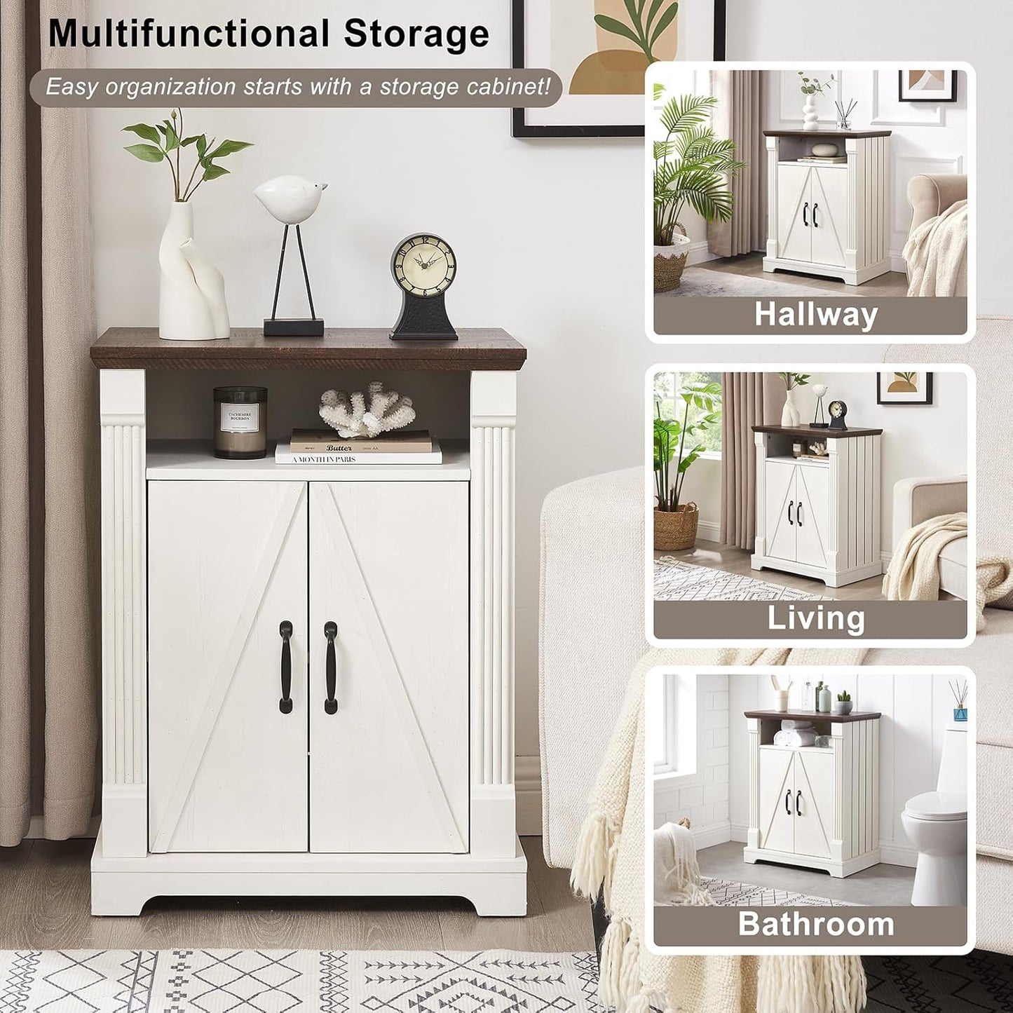 24" Farmhouse Storage Cabinet with Barn Doors, Antique White Freestanding Sideboard Buffet with Adjustable Shelf, Pantry Hutch Coffee Bar for Kitchen Bathroom Living Room - Small Floor Cabinet