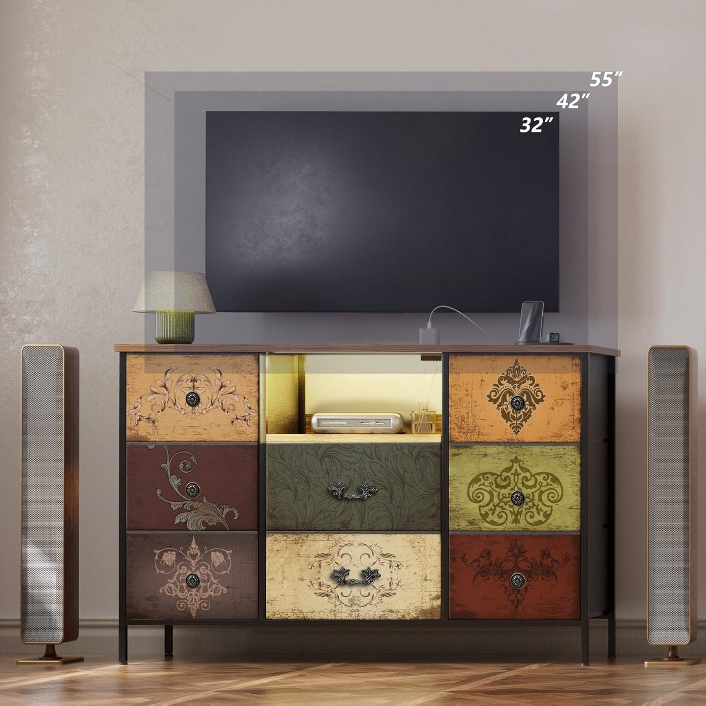 Pattern Dresser with LED Lights and Power Outlets, Dresser TV Stand with 8 Drawers for 55" TV, Fabric Chest of Drawers for Bedroom, Living Room, Entryway