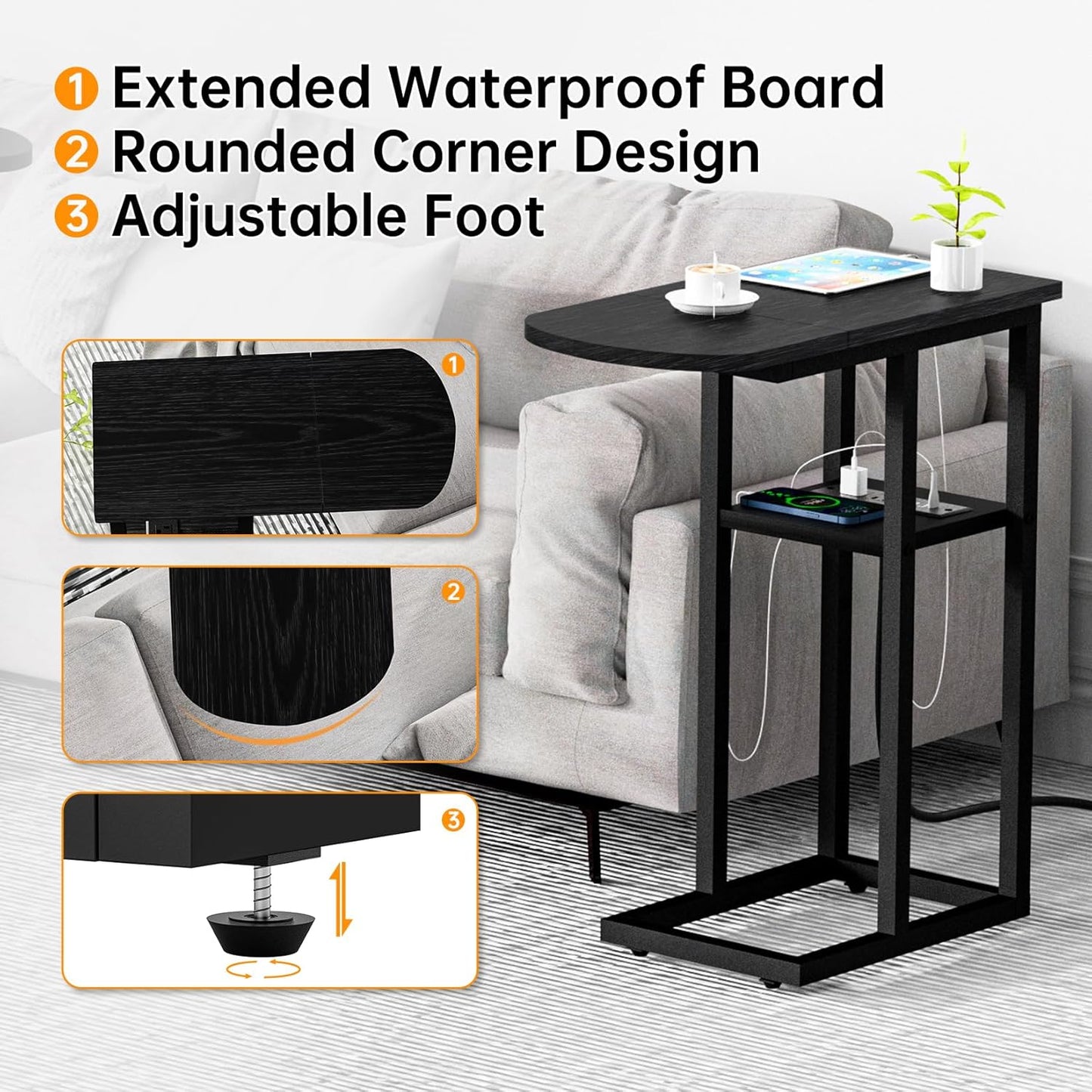 C Table End Table with Charging Station, Couch C Shaped Side Table for Living Room, Bedroom, Laptop Table with USB Ports and Type-C Port, Snack Tray Table for Couch, Black