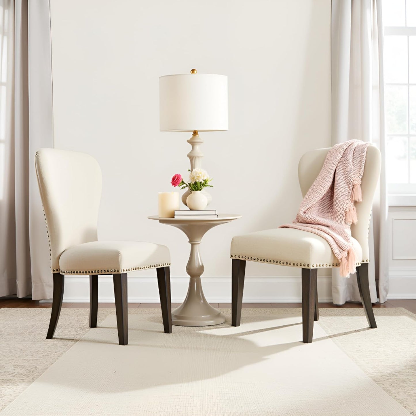 Alaterre Furniture Savoy Upholstered Dining Chairs – Set of 2 Parsons Style Accent Chairs with Cream Linen Fabric, Nailhead Trim, and Dark Stained Legs – for Dining Room, Desk, or Sitting Area