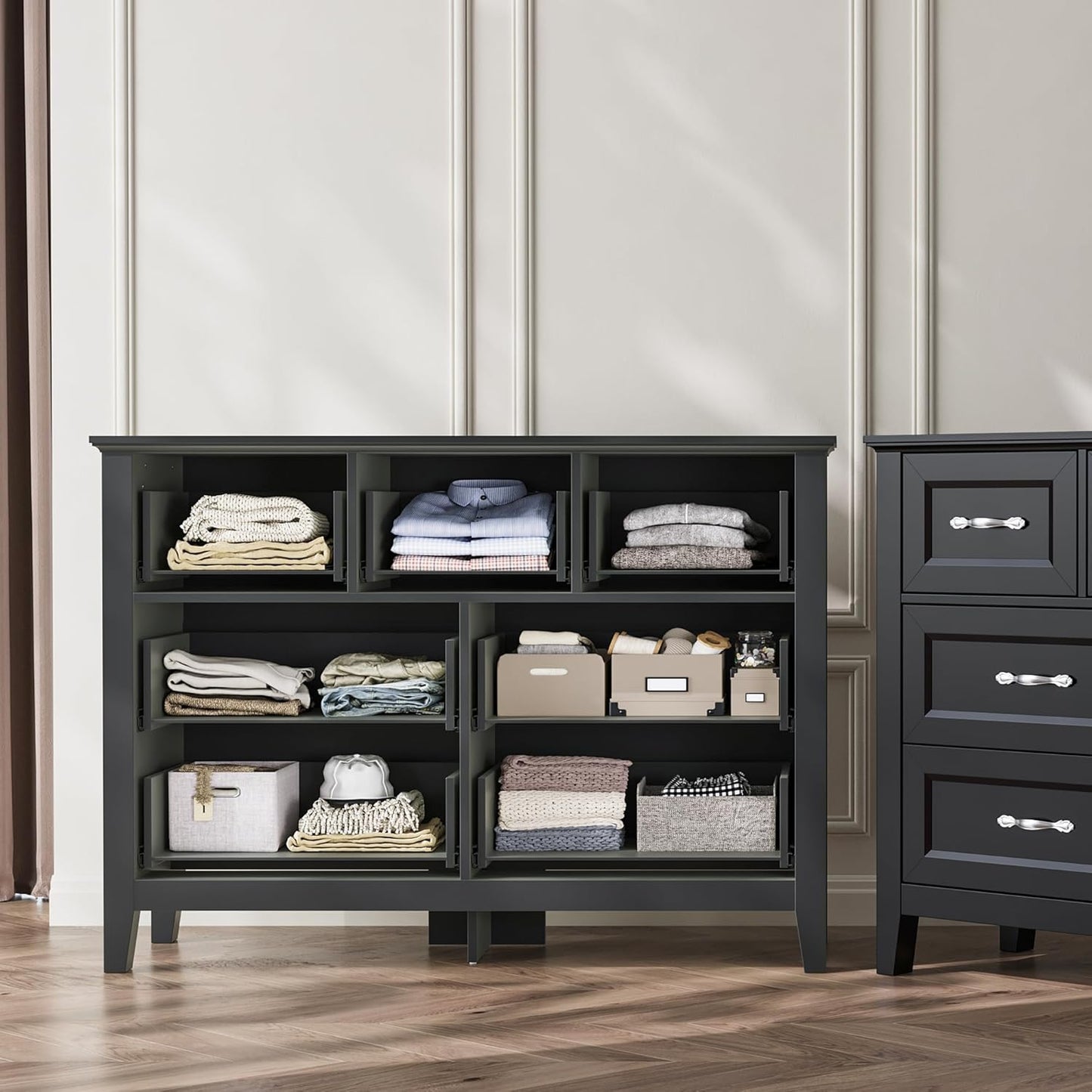 LINSY HOME 7 Drawers Dresser for Bedroom, 47" Wide Wooden Storage Chest with Antique Handles, Modern Farmhouse Dresser TV Stand with Wood Legs for Closet, Living Room, Hallway, Black