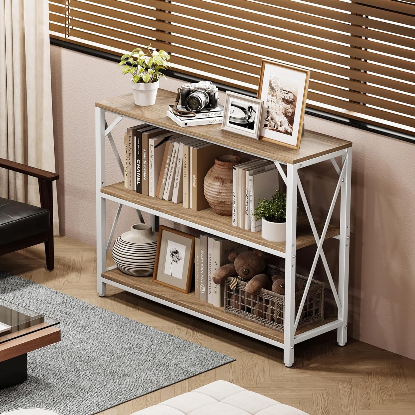 Homeiju Entry Table 40" Width, 3-Tier Entryway Table with Storage, Industrial Sofa Table with Open Shelves, Foyer Tables for Entryway, Hallway, Kitchen, Living Room and Bedroom, Light Coffee