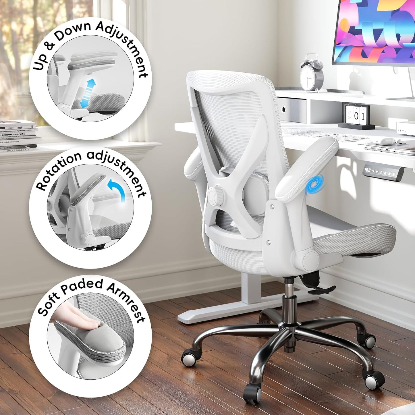 Home Office Ergonomic Chair-Computer PU Leather X-Shaped Desk Chair-Gaming Chair with Adjustable Flip-up Armrests Lumbar Support Mesh Executive Chair for Long Hours Office (White)