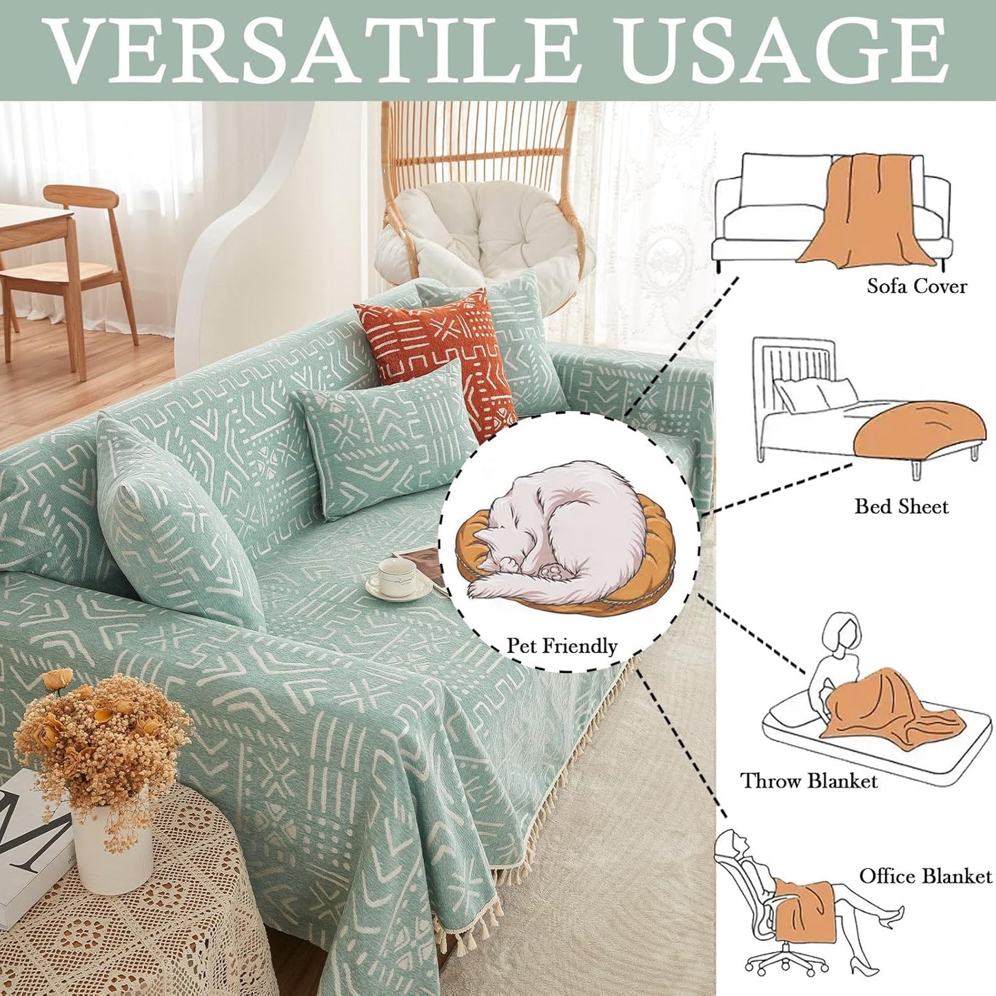 HANDONTIME Farmhouse Couch Cover Tassel Light Green Sofa Covers for Dogs Boho Dรฉcor Geometric Aztec Couch Cushion Cover Sofa Protector Cover Sectional Couch Covers for 3 Cushion Couch, 71" X150"