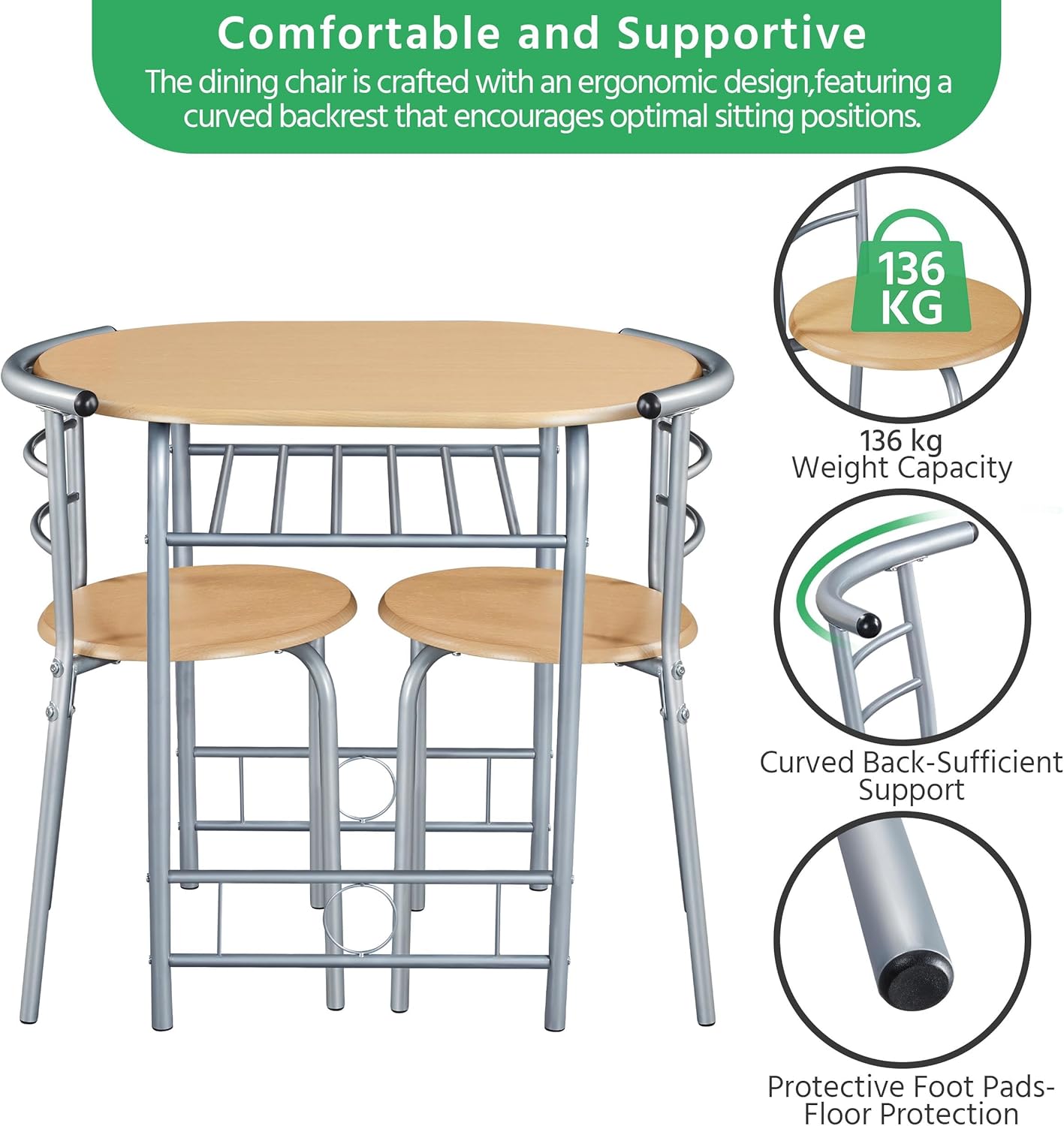 Yaheetech 3 Piece Dining Table Set, Kitchen Table & Chair Sets for 2, Compact Bistro Table Set with Steel Legs, Built-in Wine Rack for Small Space, Apartment, Breakfast Nook, Natural