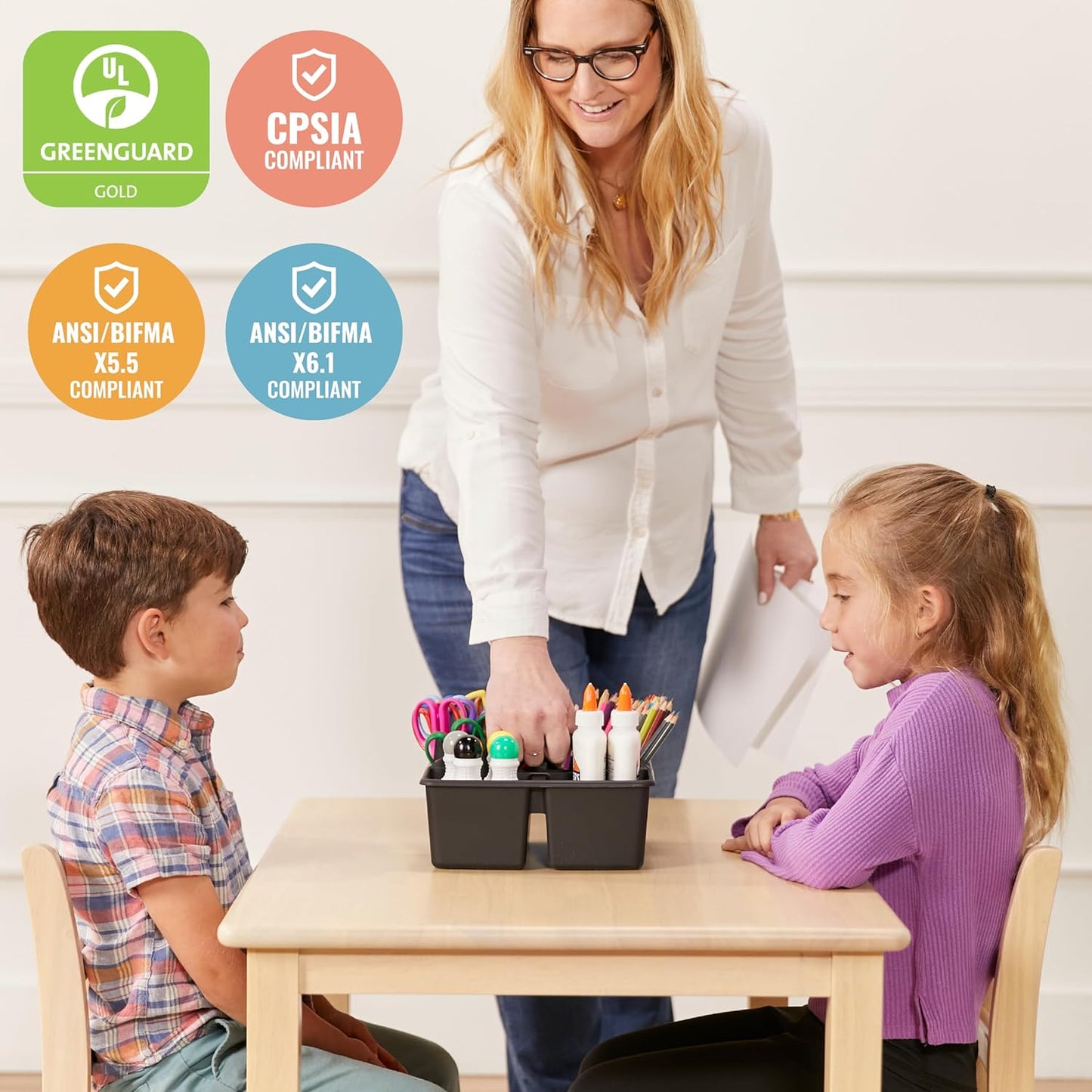 ECR4Kids 24in x 36in Rectangular Hardwood Table and Chair Set, 12in Seat Height, Kids Furniture, Antique White