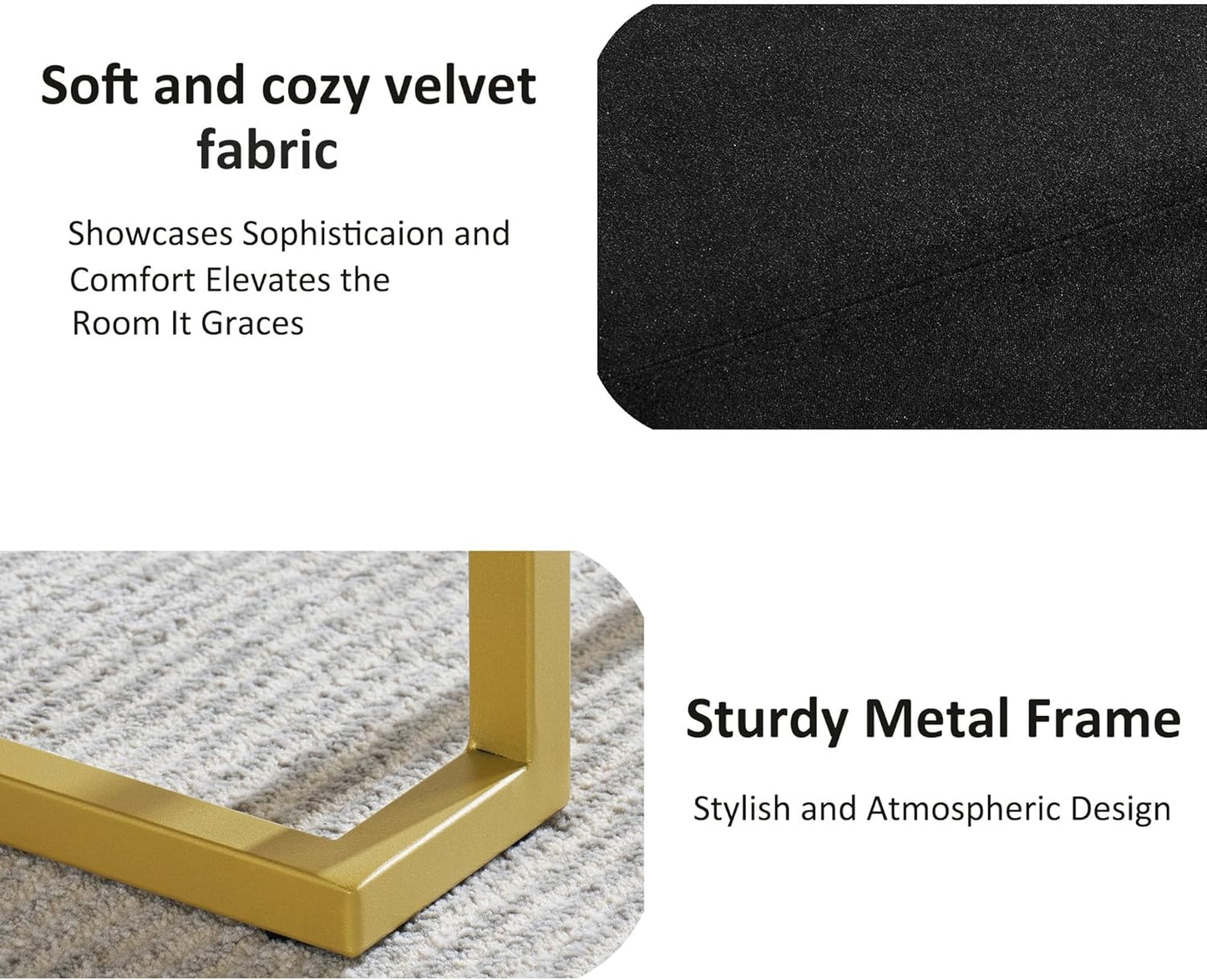 Modern Style Bedroom Single Seat Bench, Cushioned Bed end Stool, Living Room Sofa Stool, Footstool with Golden Iron Legs, Suitable for Bedroom and Living Room (Black, 21.65"x15.74"X16.53")