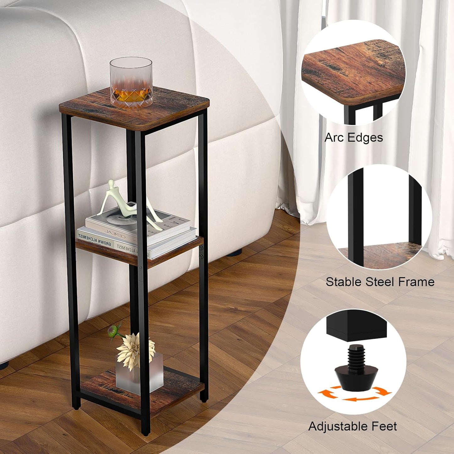 10" Wide Square Drink Table with Adjustable Feet - 3-Tier Small Side Table for Apartments, Balcony & Office | Space-Saving, Lightweight & Multi-Functional (Plants, Books, Drinks)