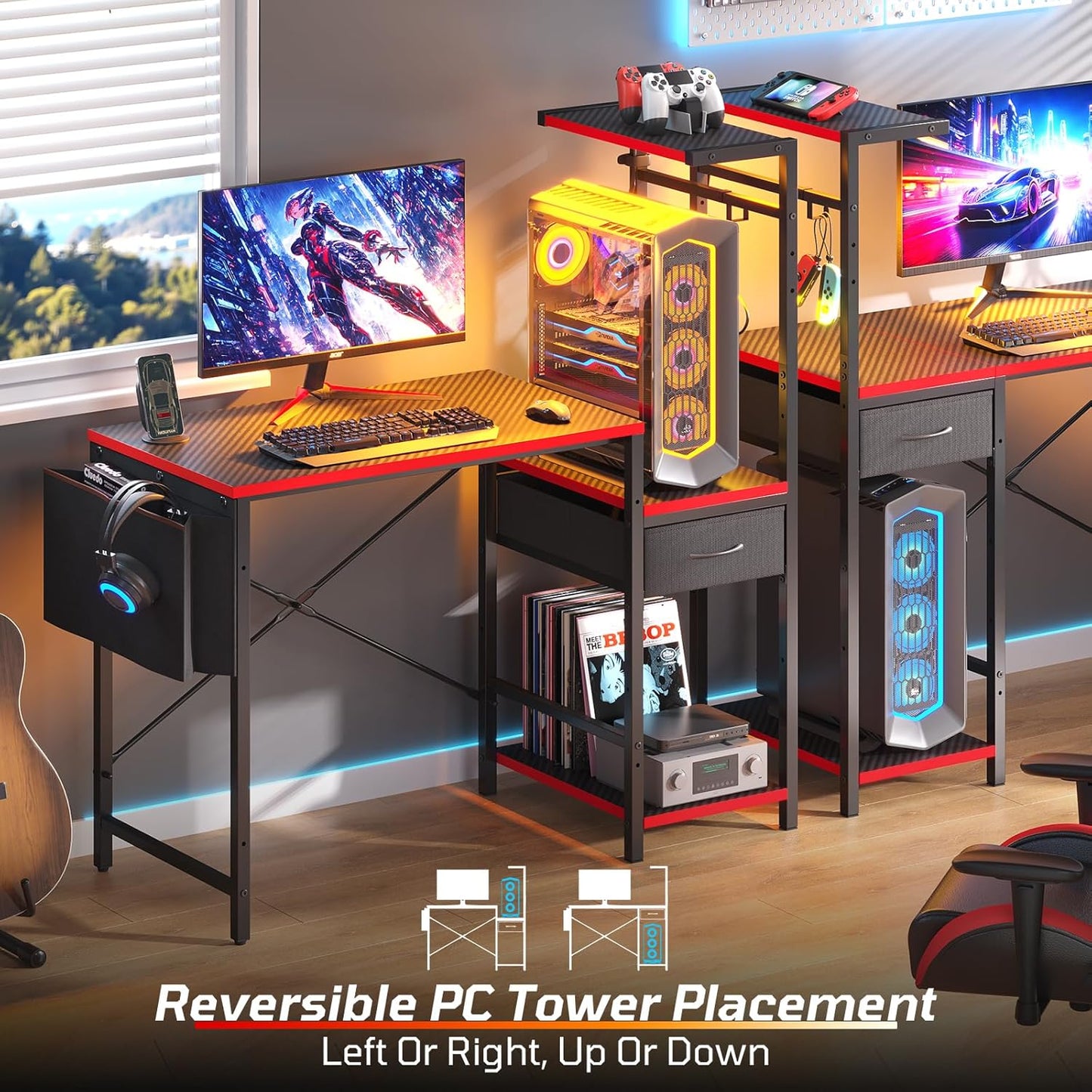 Bestier Gaming Desk with LED Lights, 44 Inch Reversible Computer Desk with Drawers & Storage Shelves for Small Spaces, PC Gamer Table with Storage Bag & Side Hook, Carbon Fiber Black-RED