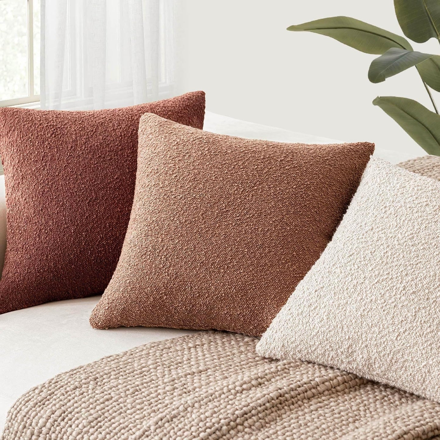 Foindtower Set of 2, Decorative Textured Boucle Throw Pillow Covers Accent Solid Pillow Cases Neutral Couch Cushion Case for Chair Sofa Bedroom Living Room Home Decor 26x26 Inch Dusty Orange Hazel