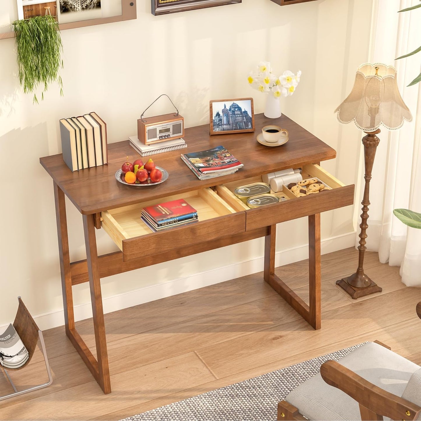 100% Solid Wood Writing Desk - Mid Century Modern Desk, Home Office Desks with Drawers, Walnut Vintage Desks, Laptop Computer Work Study Table for Bedroom, Living Room & Office