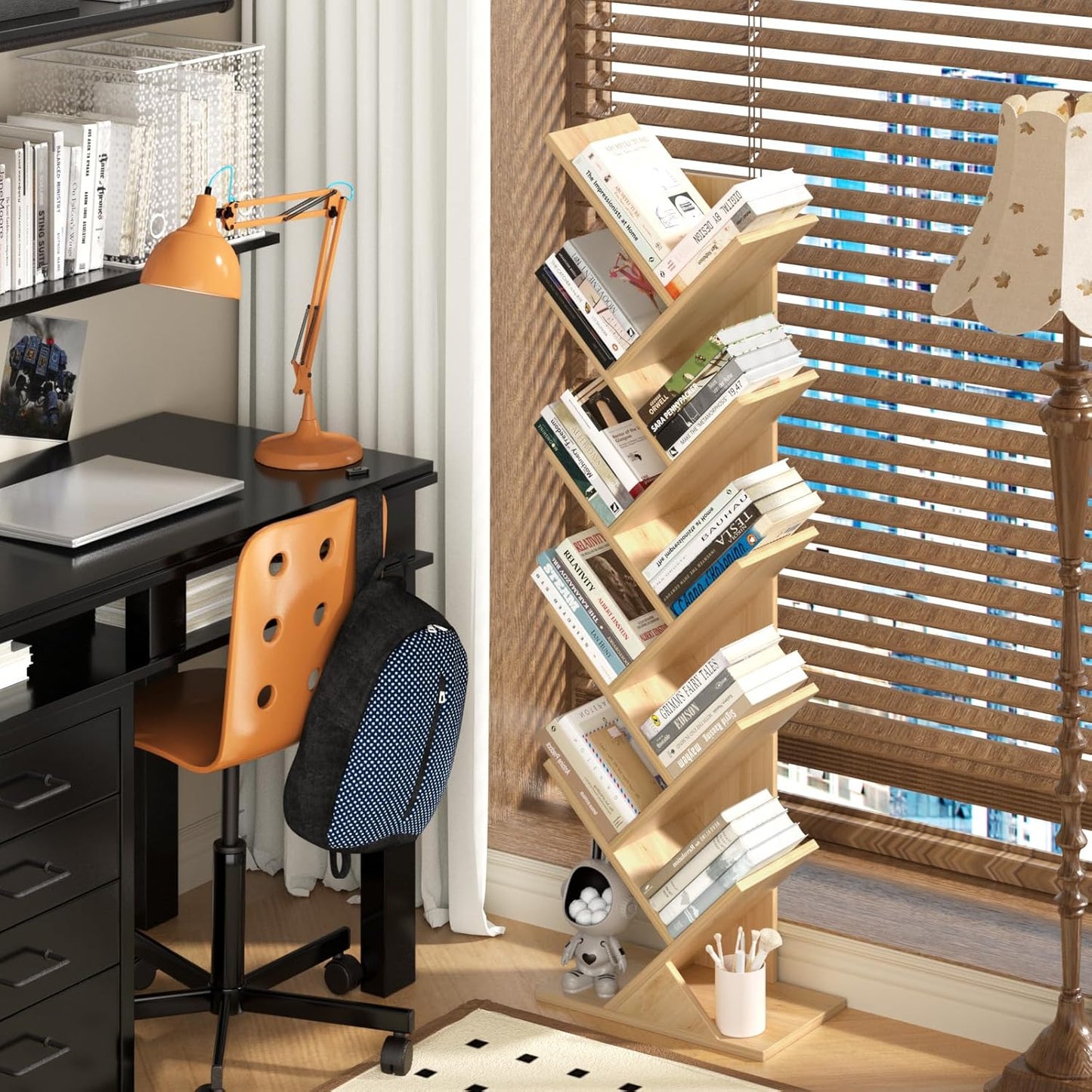 10 Tier Tree Book Shelf, Floor Standing Wood Bookshelf for Narrow Space, Storage Organizer Bookshelves for Books/CDs/Magazine, Bookcase with Shelves for Home Office, Living Room - Natural