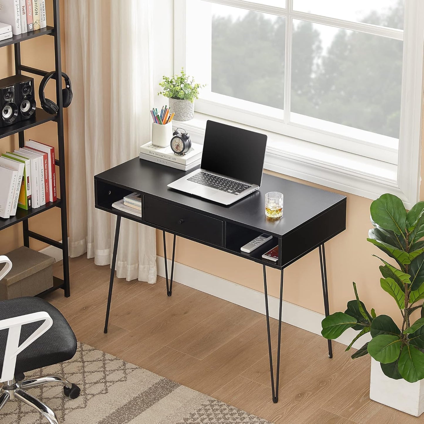 VECELO 39.3" Home Office Work Table with Drawers,Computer Desk with Hairpin Leg for Writing/Study,Classic Black