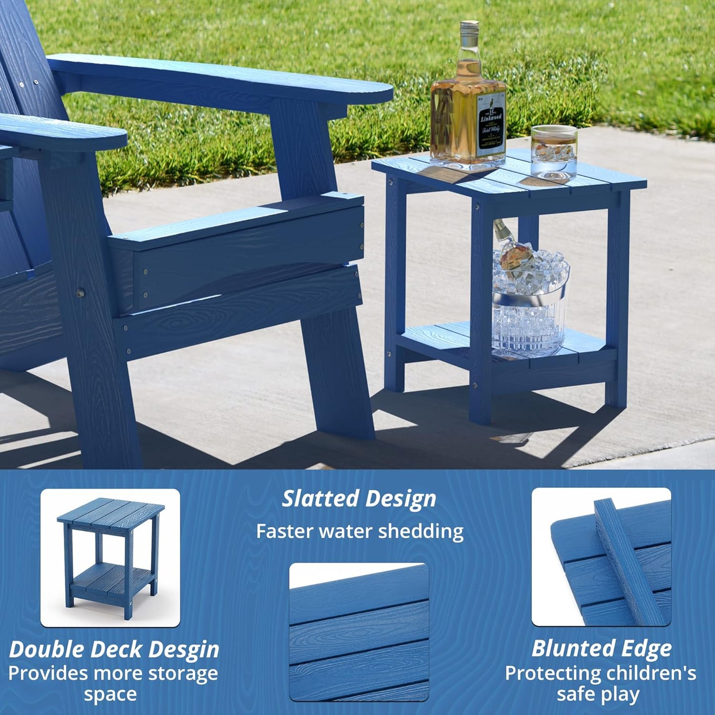 LUE BONA Adirondack Outdoor Side Table, 2-Tier Navy Blue HDPS Patio End Table Weather Resistant, Morden Side Table for Patio, Pool, Porch