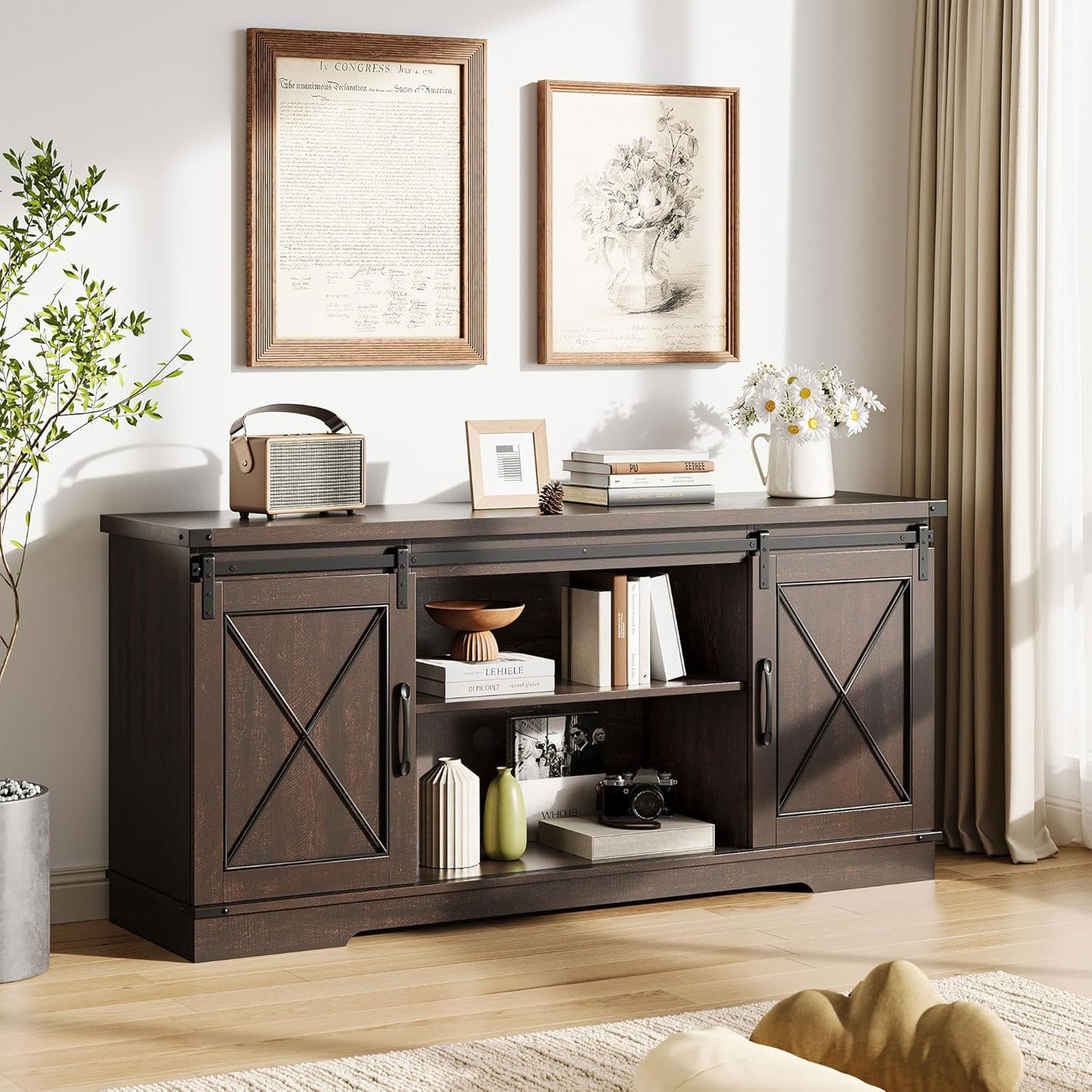 GarveeHome Farmhouse TV Stand for TV up to 65 Inches and Entertainment Center with Sliding Barn Doors and Adjustable Shelf, Tv Media Console Table with Storage Cabinet for Living Room, Bedroom, Brown