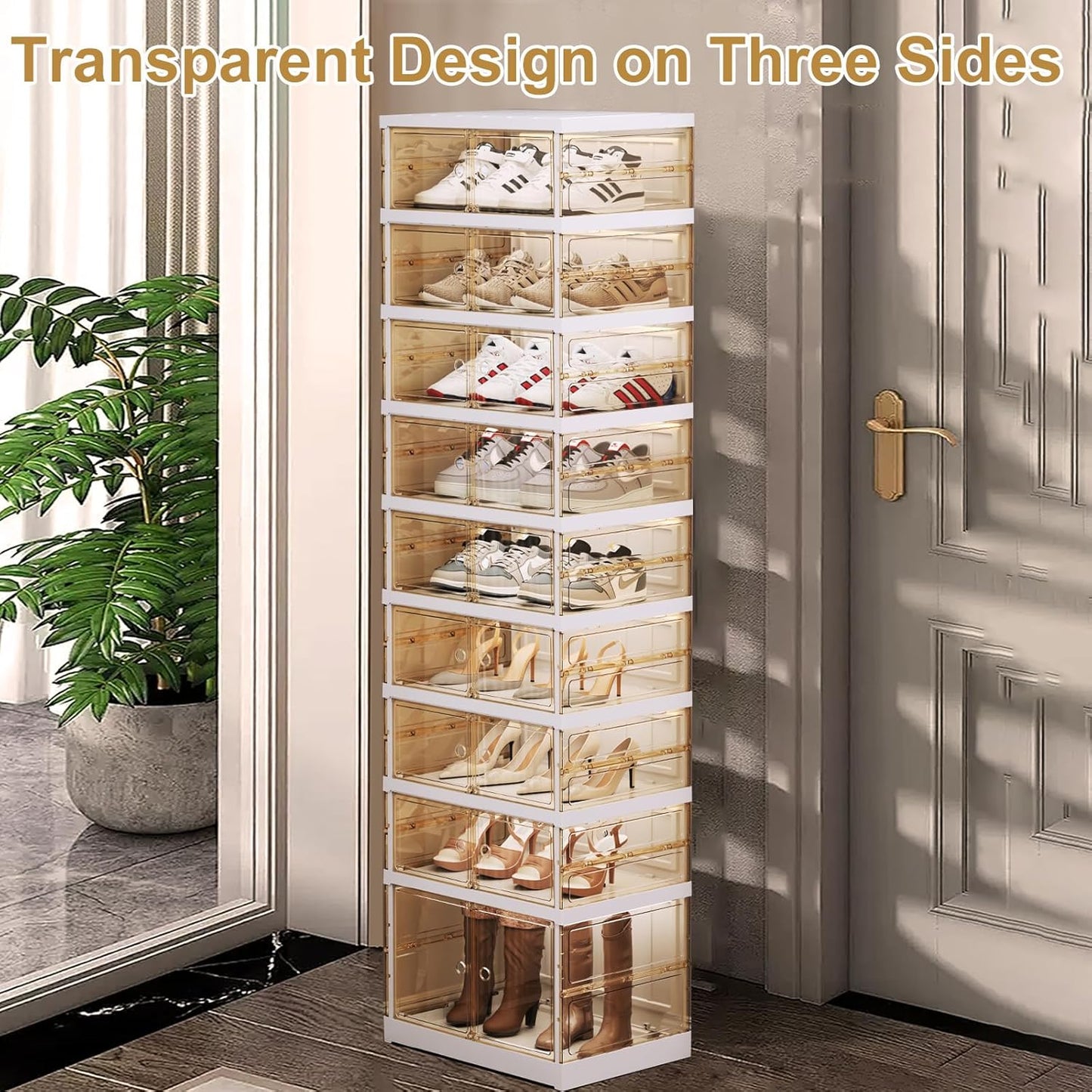ELPHECO 9 Tier 18 Pairs Plastic Shoe Rack - Clear Foldable Shoe Organizer, Folding Entryway Shoe Cabinet, Collapsible Sneaker with Magnetic Doors, Stackable Shoe Shelf,Three-Sided Clear Shoe Box