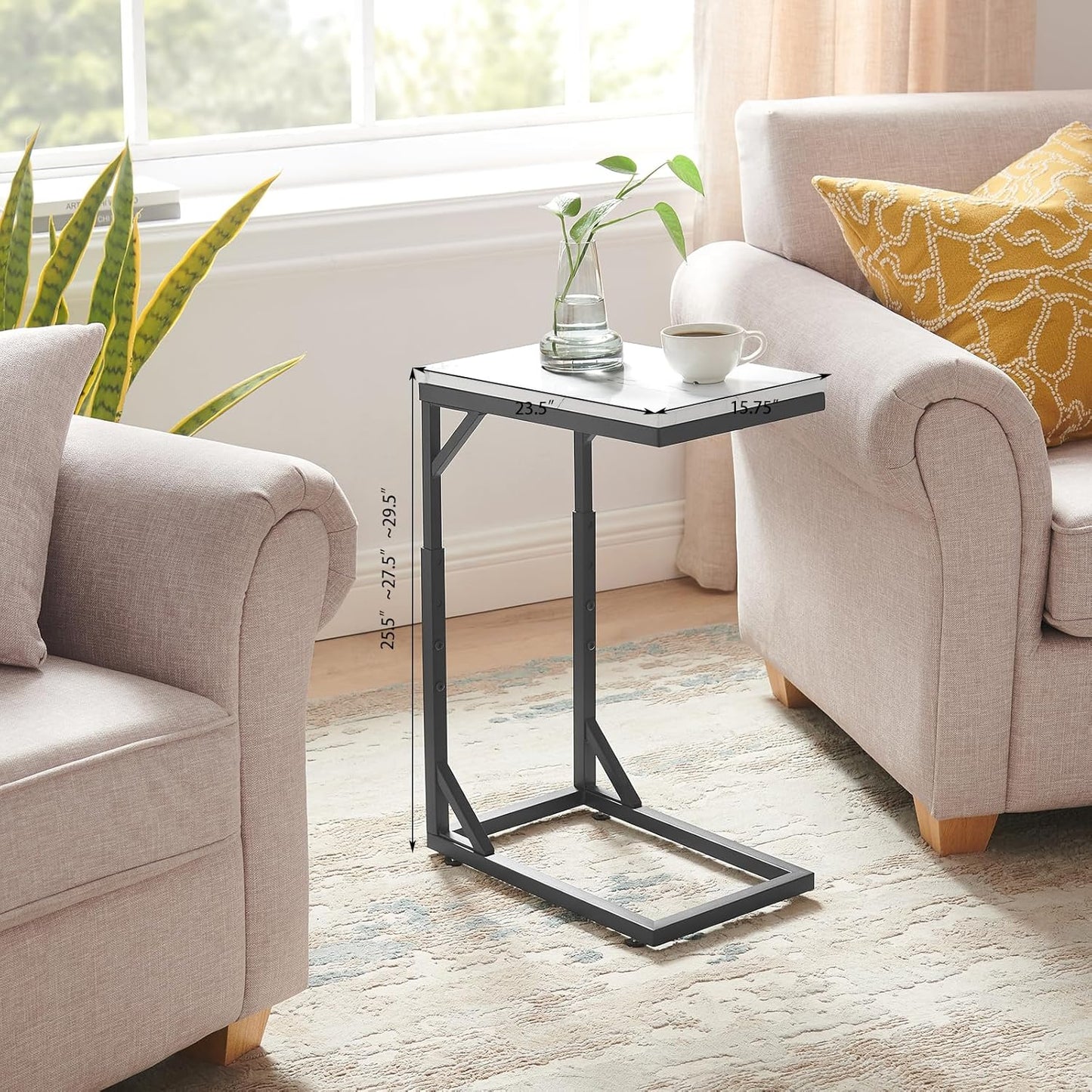 C-Shaped End Table, Small Sofa Table with Metal Frame, Adjustable Height Side Table for Couch, Living Room, Bedroom, Bedside (Black, Large)