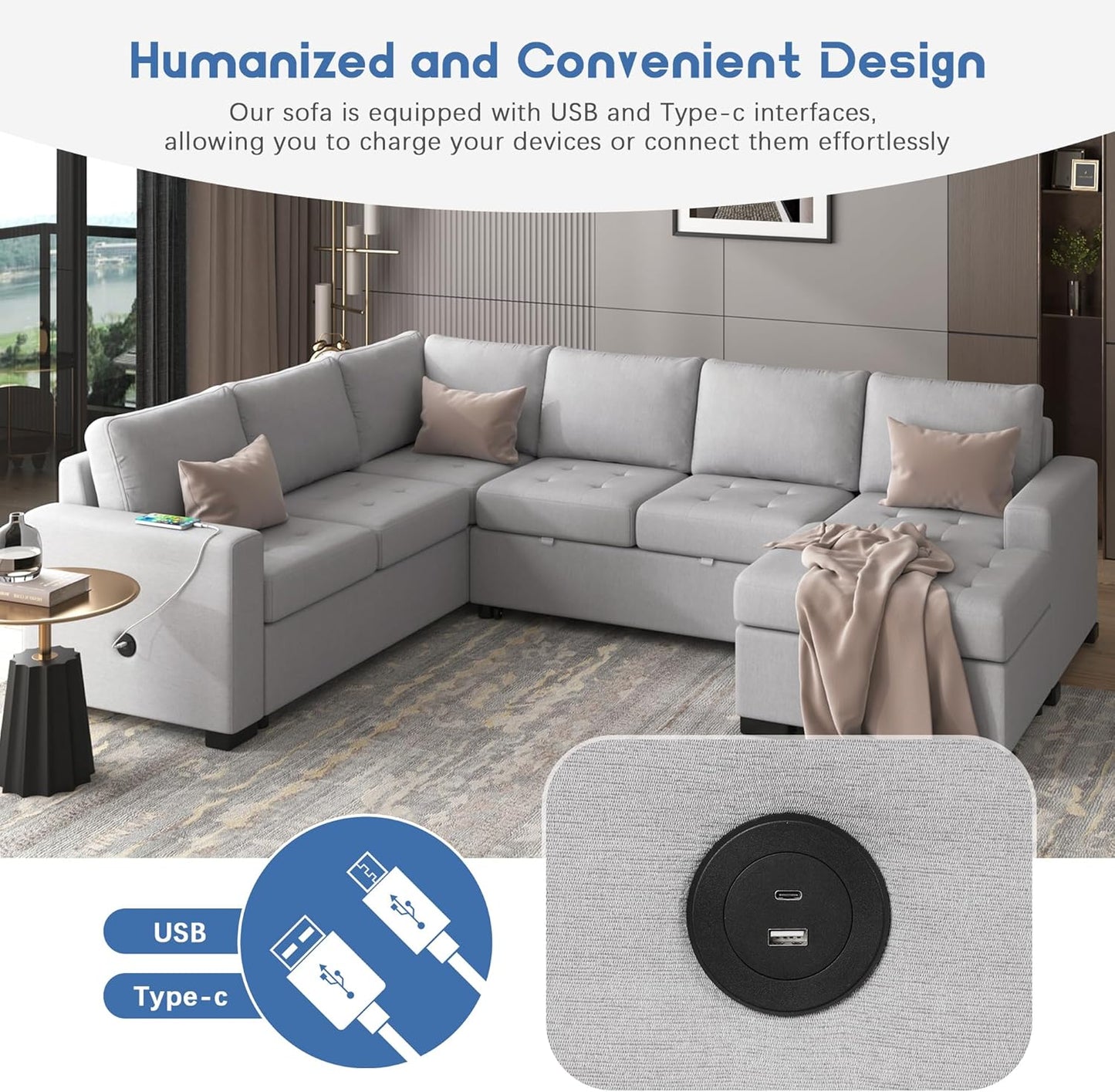 108.3 Inch Modular Sectional Sleeper Sofa with Pull-Out Bed and Lounge Chair, U-Shaped Combination Corner Couch w/USB & Type-C Interfaces, for Living Room Bedroom Office, Gray