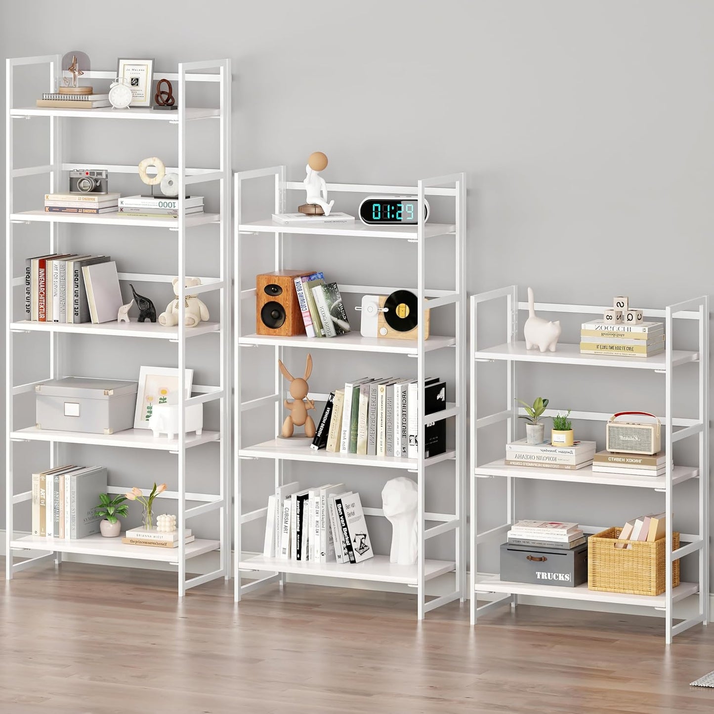 BHG Vintage Multifunctional Folding Bookshelf, No-Assembly Plant Stand Storage Rack Shelves for Home Office (All White, 4-Tier)