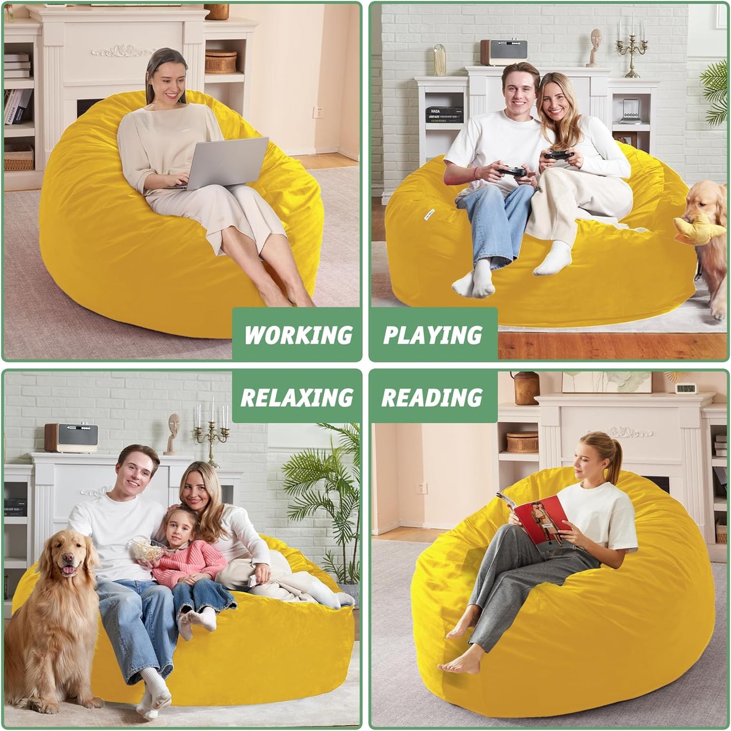 5FT Bean Bag Chair with Ultra Soft Velvet Cover Bean Bag Sofa with Memory Foam Bean Bag Chairs with Large Size Lazy Sofa for Dorm Office Living Room Bedroom Yellow 5'