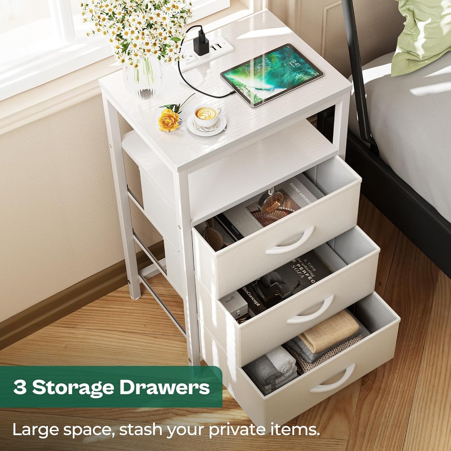 Huuger Nightstands Set of 2, 27.6 Inch End Tables with Charging Station, Bedside Tables with Drawers, PU Leather Finish, USB Port and Outlet, Night Stands for Bedroom, White