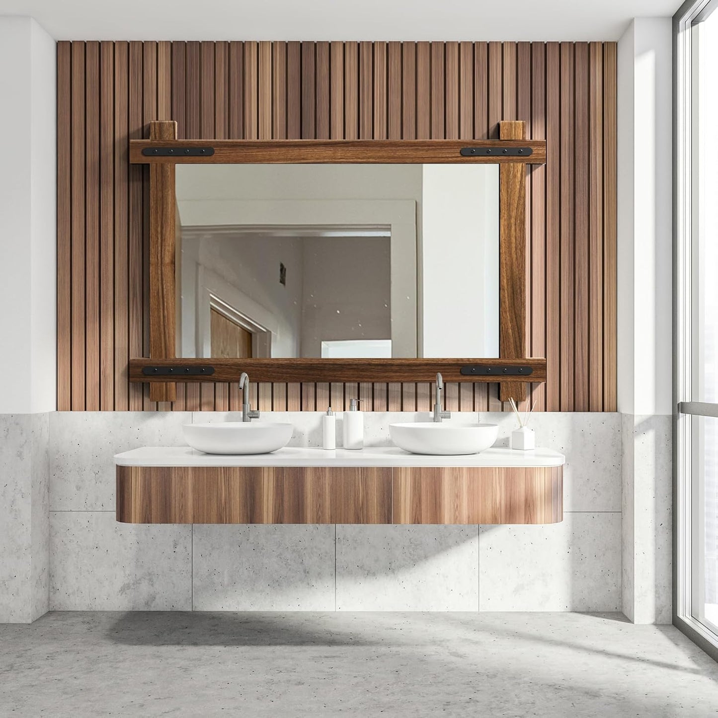 YOSHOOT Farmhouse Wood Bathroom Mirror, 32"x24" Rustic Wall Mirror, Round Corner Vanity Mirror for Decor, Vertical or Horizontal Hanging, Selected Wood, 100% Handmade