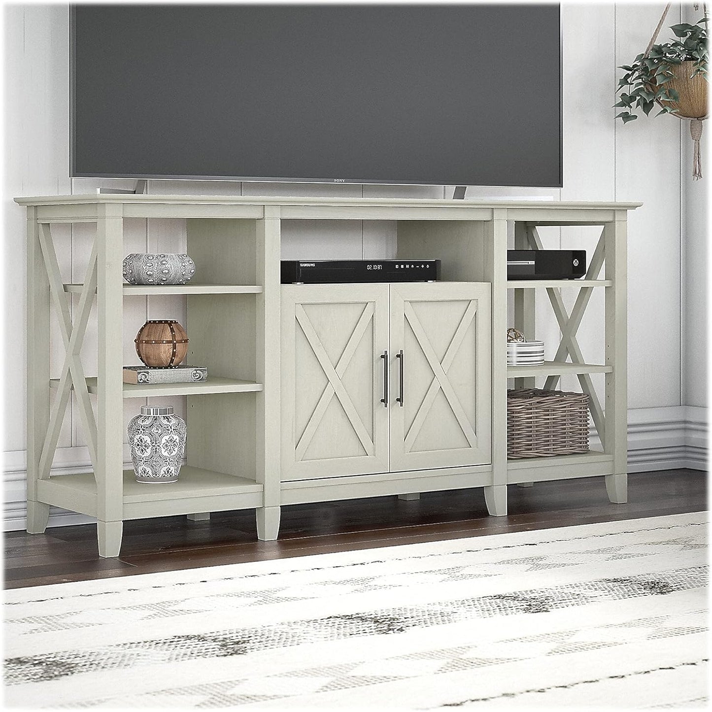 Bush Furniture Key West Tall TV Stand for 65 Inch TV in Linen White Oak, Farmhouse Entertainment Center with Storage