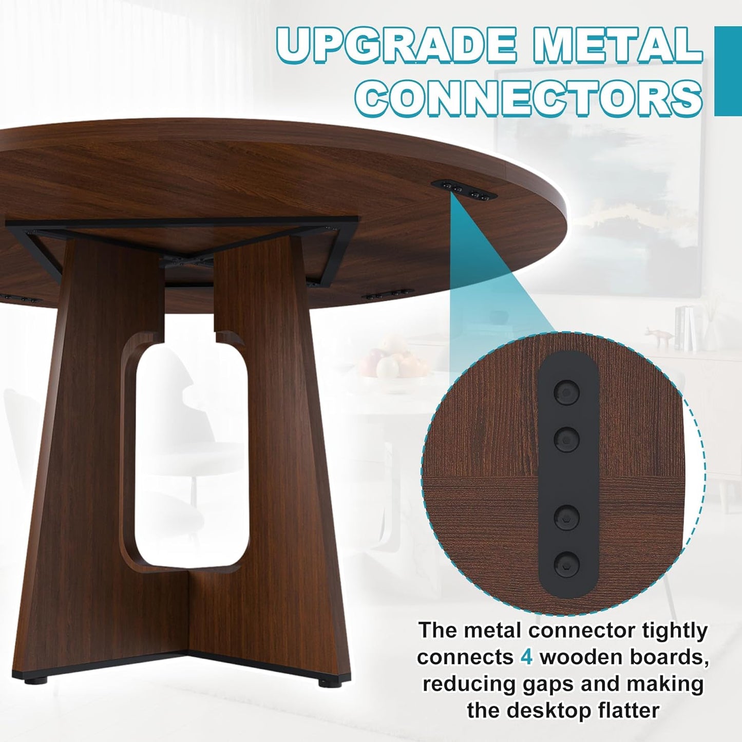 47" Round Dining Table for 4-6, Modern Small Dinner Table Farmhouse Round Kitchen Tables with Wood Grain Finish for Dining Room, Kitchen, Living Room, Walnut Brown