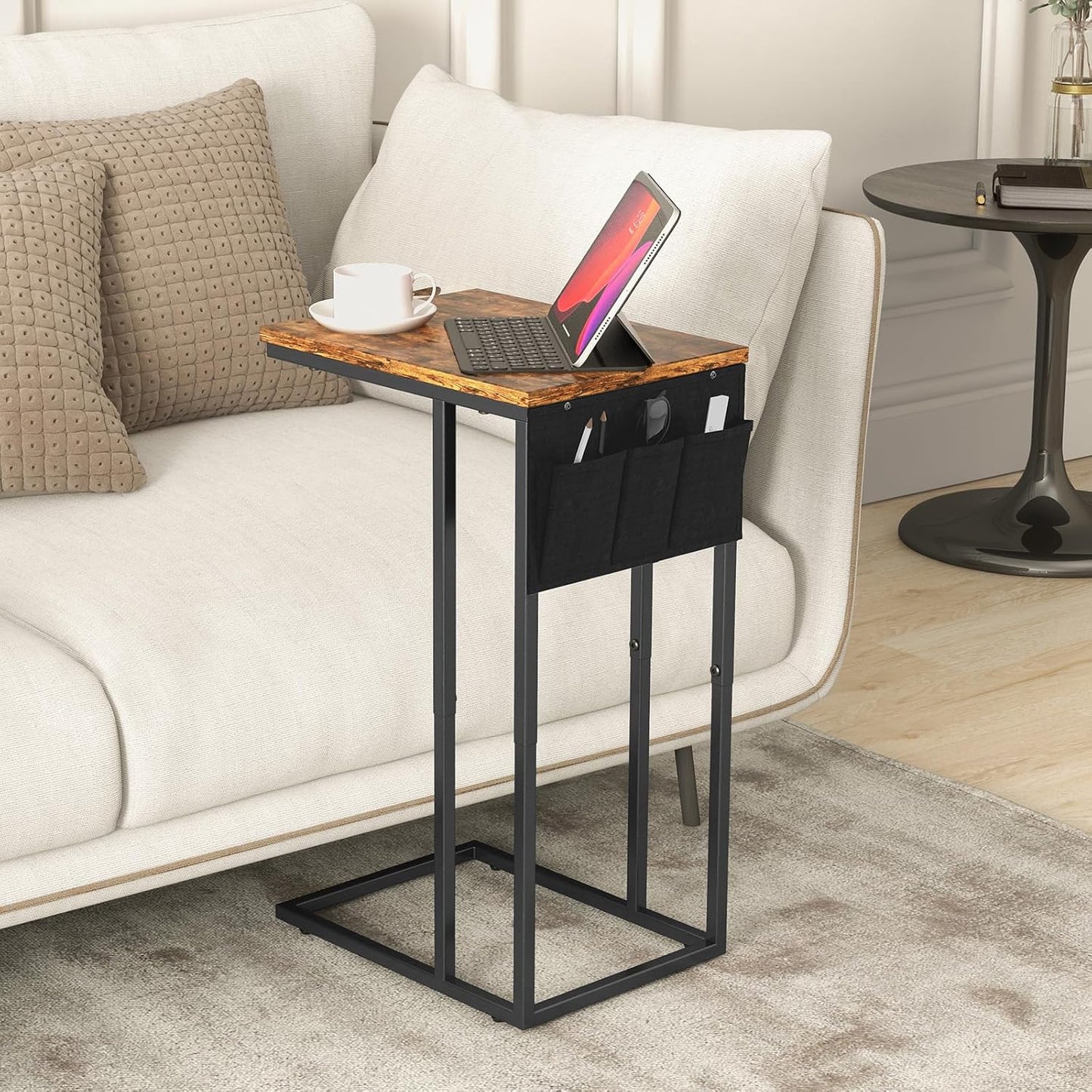 C Shaped End Table Set of 2 for Living Room, Couch Side Tables That Slide Under, TV Tray Snack Table for Sofa, Brown