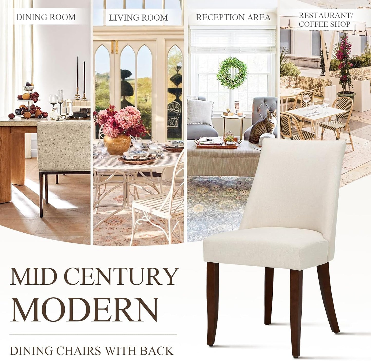 COLAMY Upholstered Dining Chairs Set of 6, Mid Century Modern Kitchen Chairs with Back, Farmhouse Fabric Side Dining Room Chairs with Wood Legs for Dining Room Restaurant, Beige