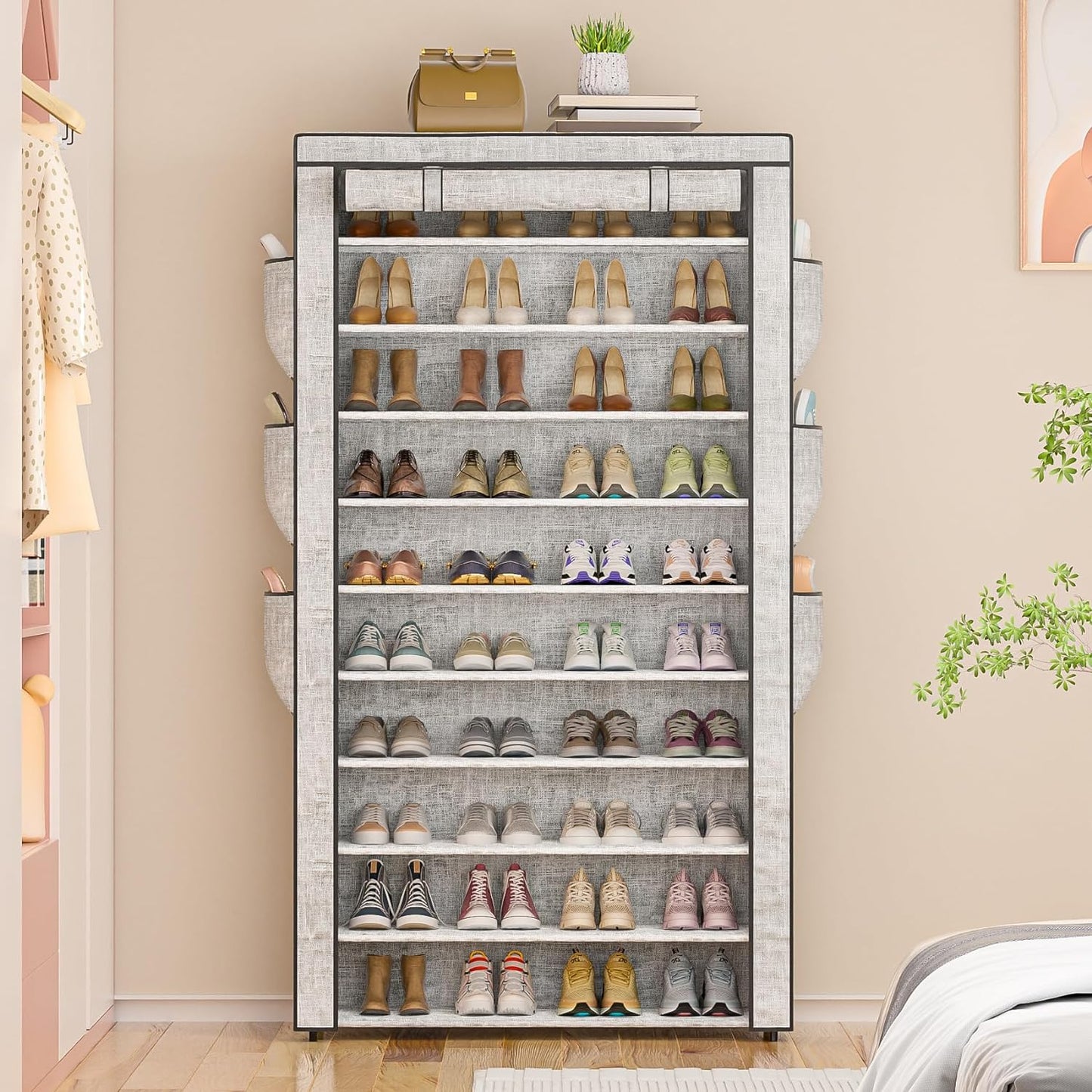 Shoe Rack 10Tier Large Capacity 50-56Pairs Beautiful Tall Shoe Shelf Free Standing Storage Cabinet Entryway Closet