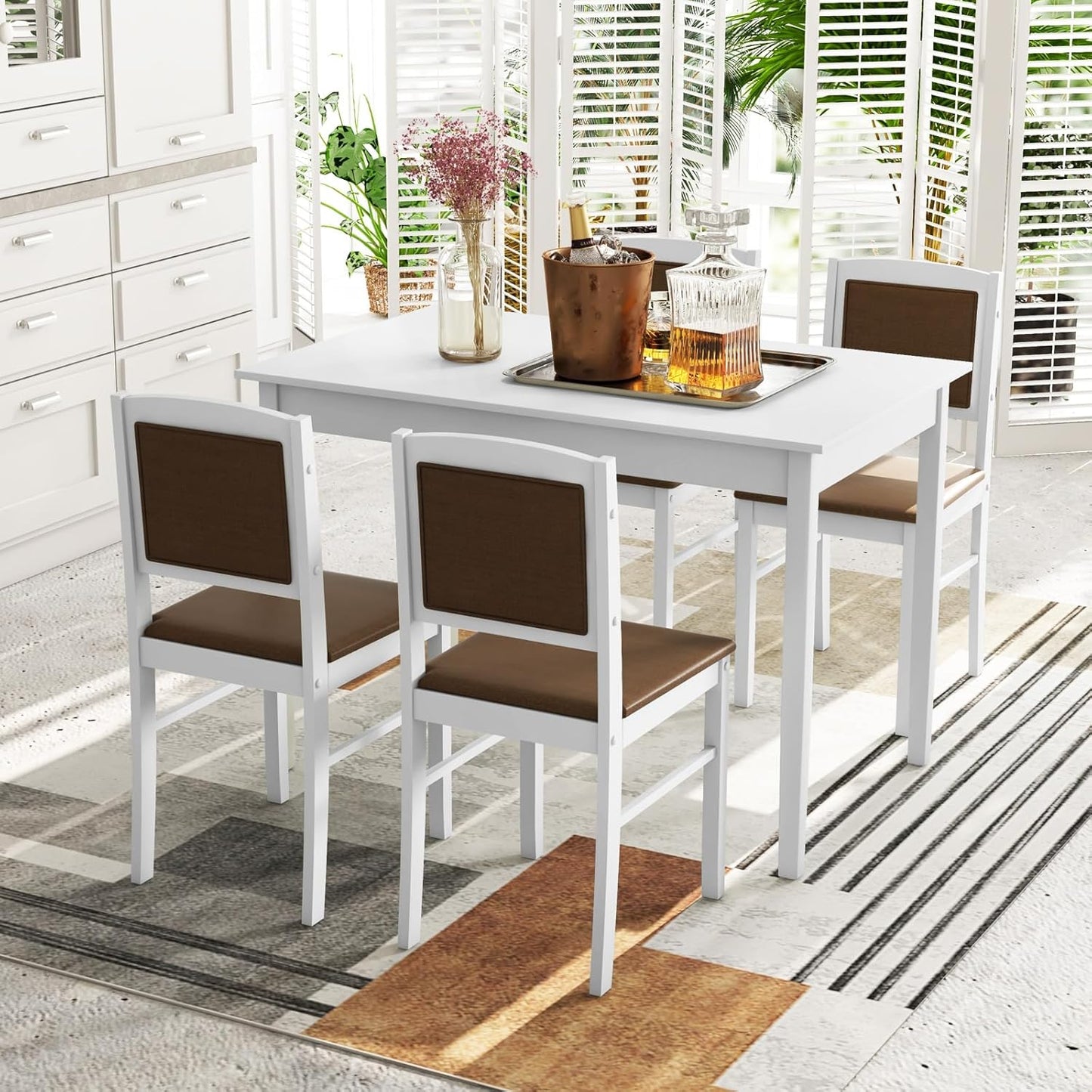 Giantex 5-Piece Dining Table Set for 4 - Breakfast Nook Table Set with Kitchen Table, 4 Upholstered Chairs, Wood Legs, Space-Saving Dinette Set, Kitchen Table Chairs Set of 4 (White+Brown)
