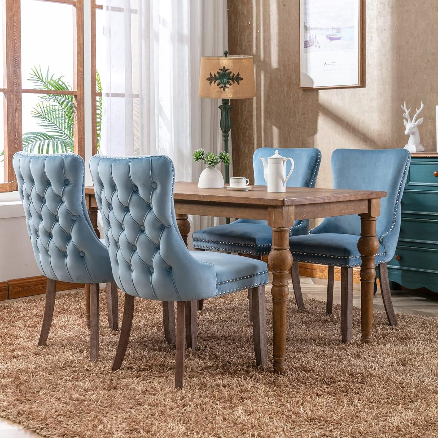 PacknWood Acosure Set of 2 Velvet Upholstered Wing-Back Dining Chair with Backstitching Nailhead Trim,Exquisite Furniture Stool W/Wood Legs,for Kitchen,Sitting Room,Light Blue