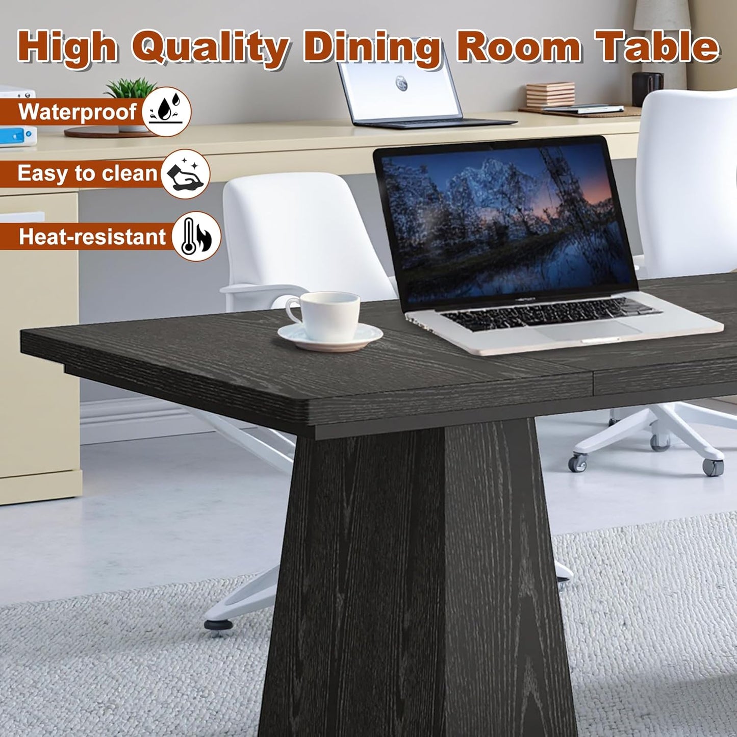 63 Inch Dining Table for 4-6, Modern Kitchen Dinner Table with Double Robust Pedestal, Wood Rectangular Eating Tables for Living Room, Dining Room, Dark Black