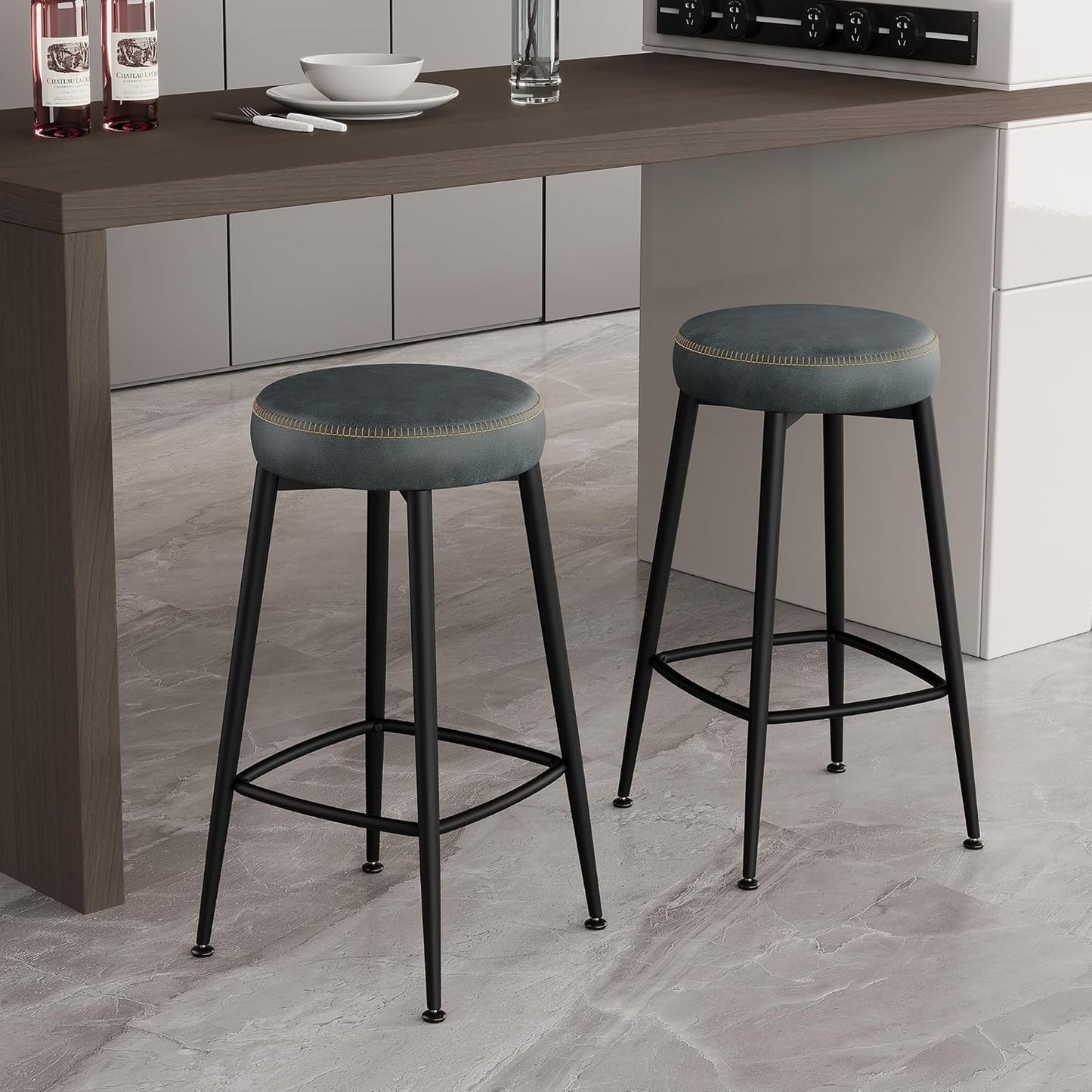 Counter Height Bar Stools, 26" H Backless Bar Stools Set of 6, Upholstered Faux Leather Kitchen Counter Stools, Mid Century Modern, Kitchen Island Home Bar, Pub, Black Blue