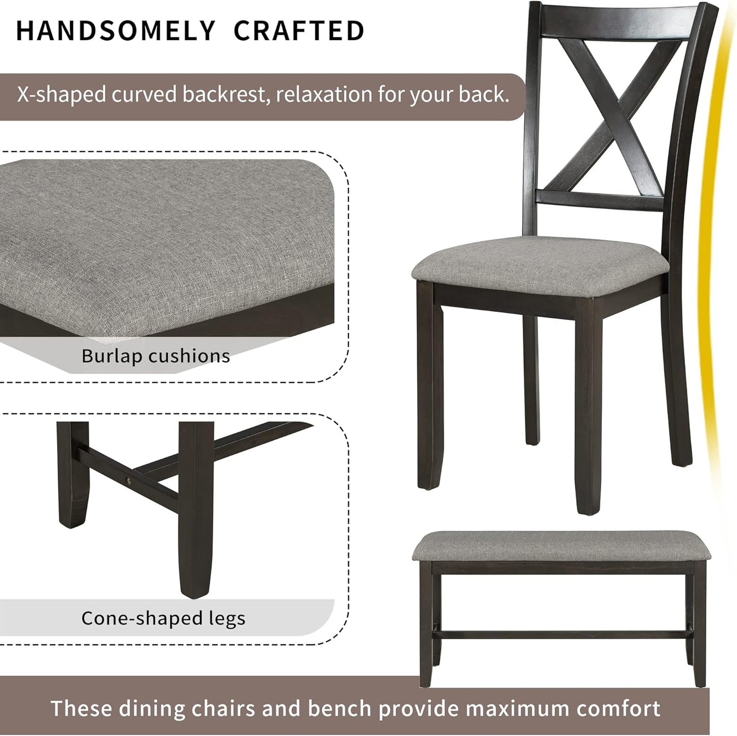 SogesPower 6-Piece Kitchen Dining Table Set for 4-6,Rectangular Dining Table with 4 Fabric Chairs & 1 Bench for Dining Room Living Room,Espresso