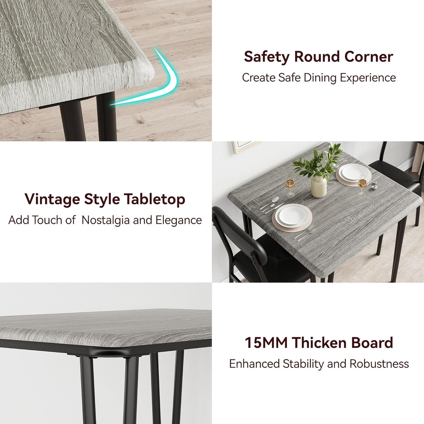 IDEALHOUSE Dining Table Set for 4, Kitchen Table with Upholstered Chairs for Kitchen Room and Small Spaces (Grey, Table with 2 Upholstered Chairs)