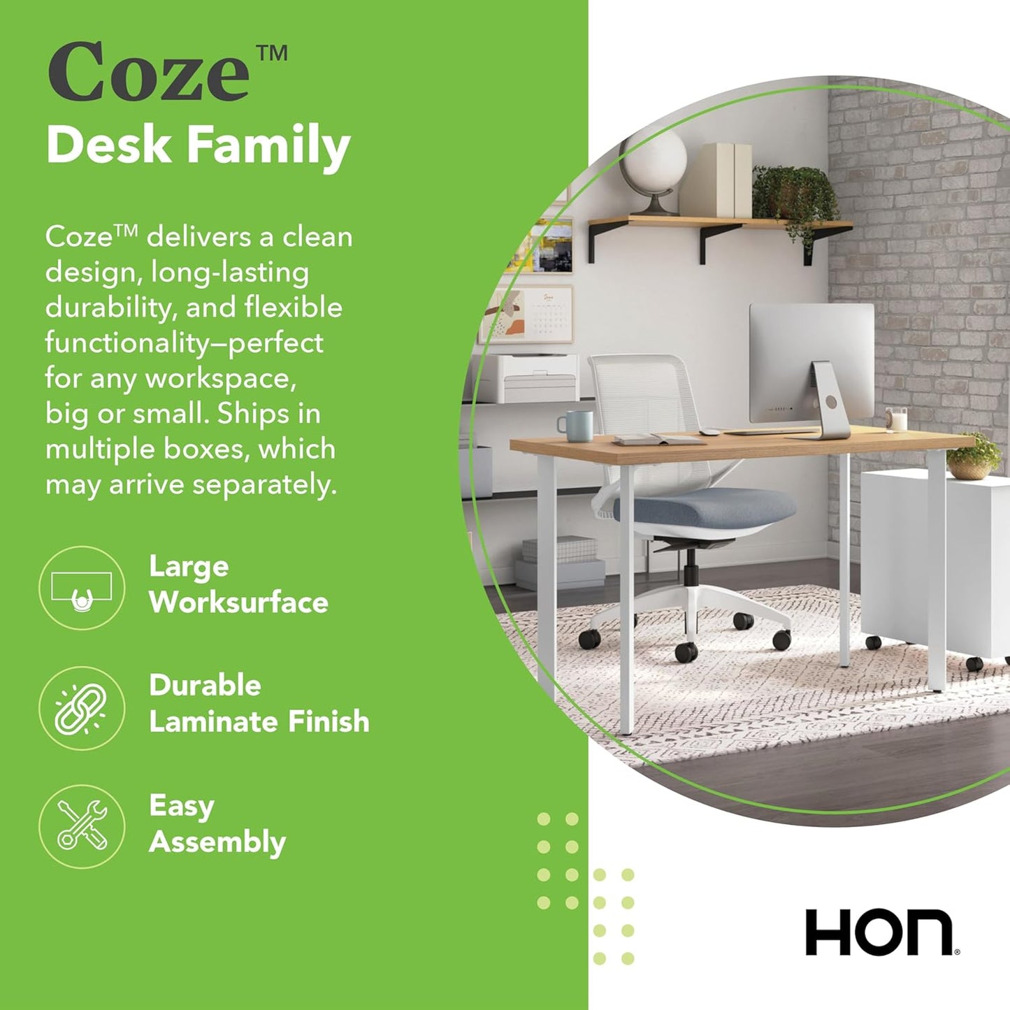 HON Coze Home Office Desks, Sturdy Table Computer Desk, 42", Natural Recon Top, Black Base