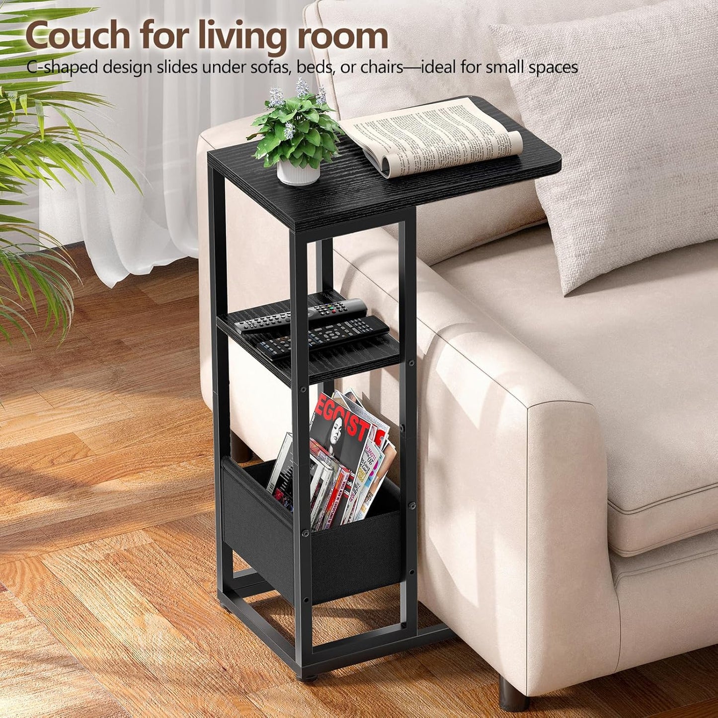 C Shaped End Table, Small Side Table for Couch, Recliner, Slide Under Sofa Tray Desk Snack Tables with Storage Bag for Living Room,Bedroom, Small Spaces - Black