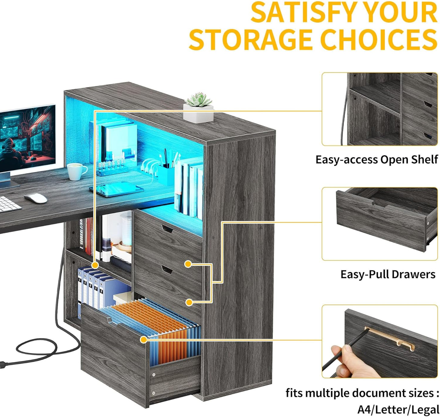 DWVO L Shaped Desk with Drawers, 55" Corner Computer Desk with Bookshelf & Power Outlets & LED Lights, Home Office Desk with Storage Shelves, Grey