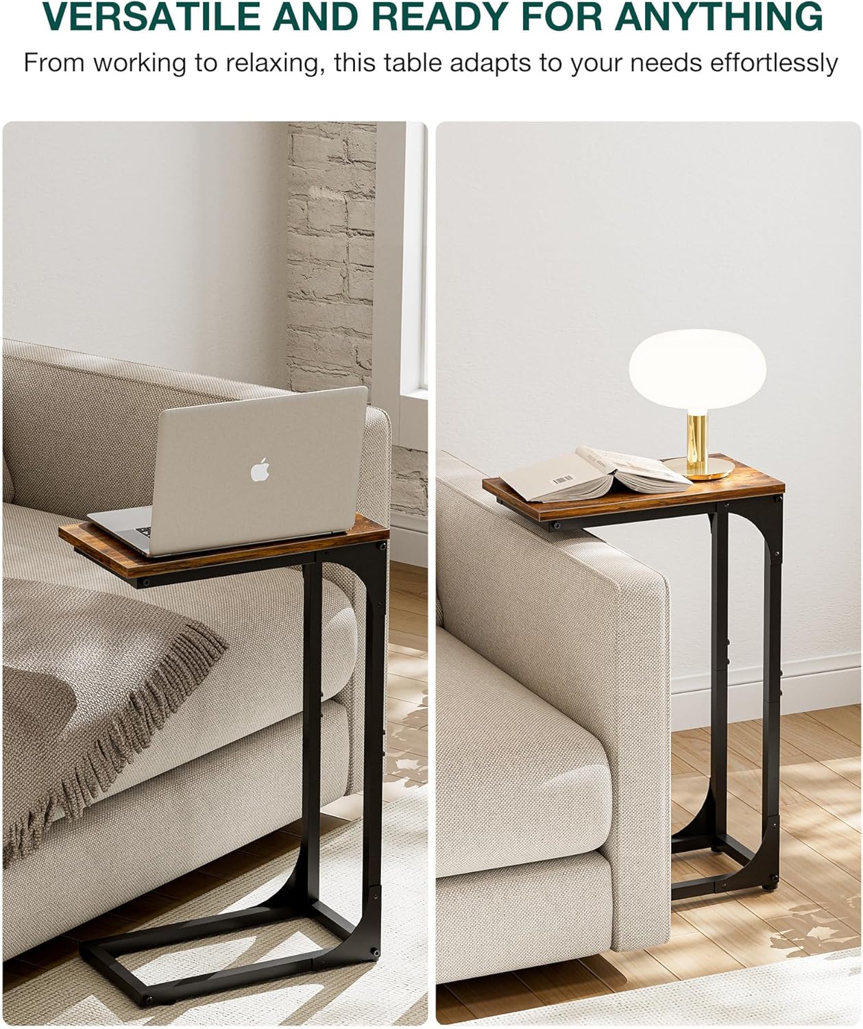 C-Shaped Side Table for Couch - Small Coffee Stand Sofa Tray Desk with Sturdy Metal Frame and Waterproof Scratch Resistant Wood Surface, Rustic Brown