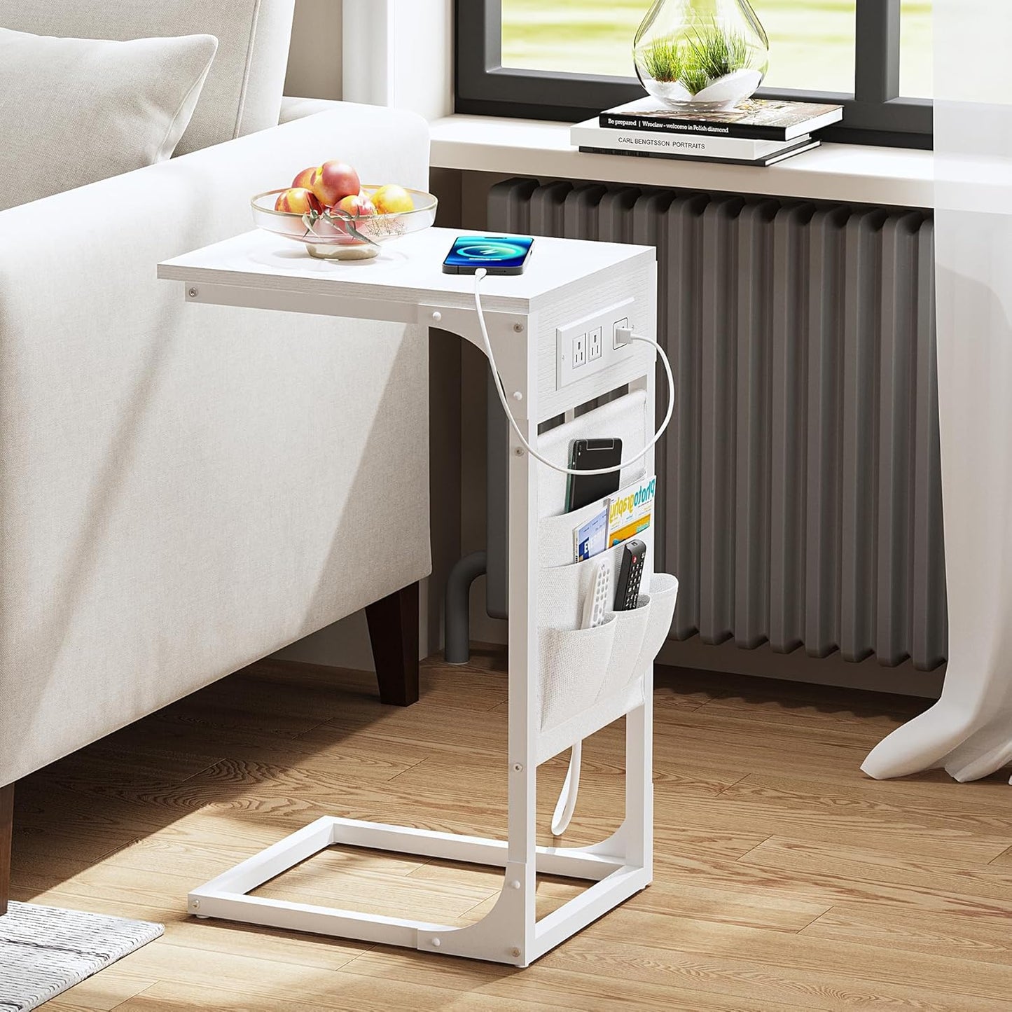 TUTOTAK C Shaped End Table with Charging Station, Side Table for Sofa, Couch Table with Storage Bag, TV Tray Table with 2 USB Ports and Outlets for Living Room, Bedroom, White TB01BW024