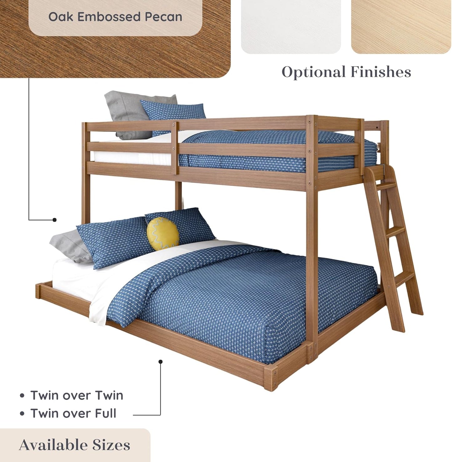 Grain & Grove Bear Twin Over Full Bunk Bed, Low Bunk Bed Frame for Kids, Bunk with Ladder, Guardrail, and Slats, No Box Spring Required, Oak Embossed Pecan