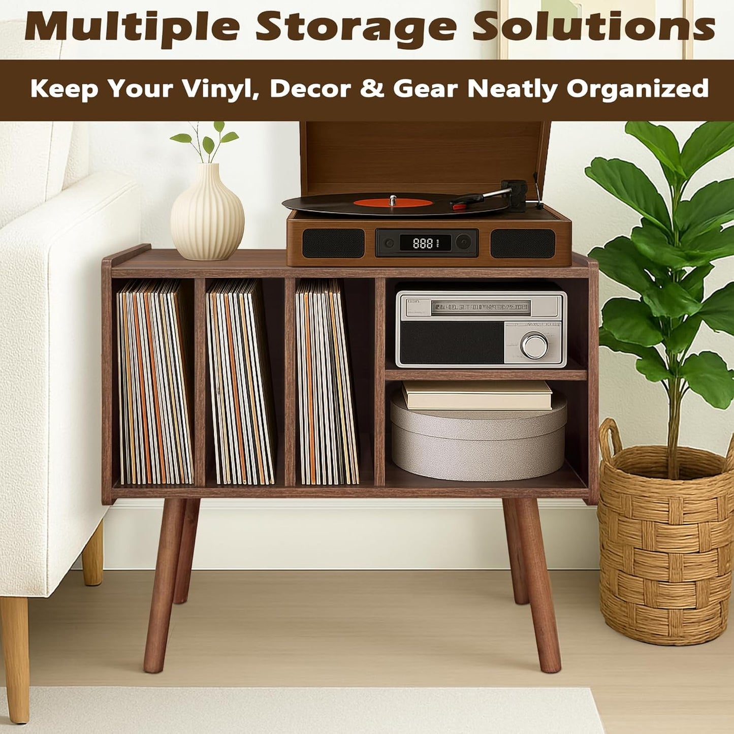 Record Player Stand with Vinyl Storage, Wooden Record Player Table with 5 Cabinet, Large Vinyl Record Player Stand, Record Player Holder, Record Player Shelf for Office Living Room, Walnut