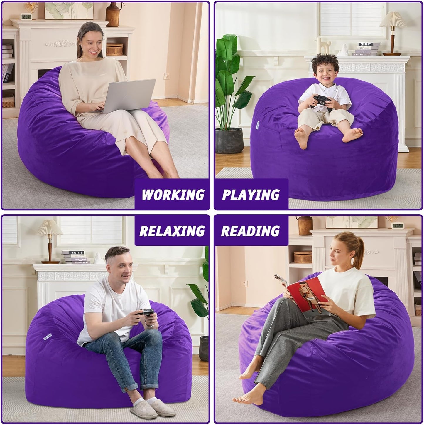 3FT Bean Bag Chair with Ultra Soft Velvet Cover Bean Bag Sofa with Memory Foam Bean Bag Chairs with Large Size Lazy Sofa for Dorm Office Living Room Bedroom Purple 3'