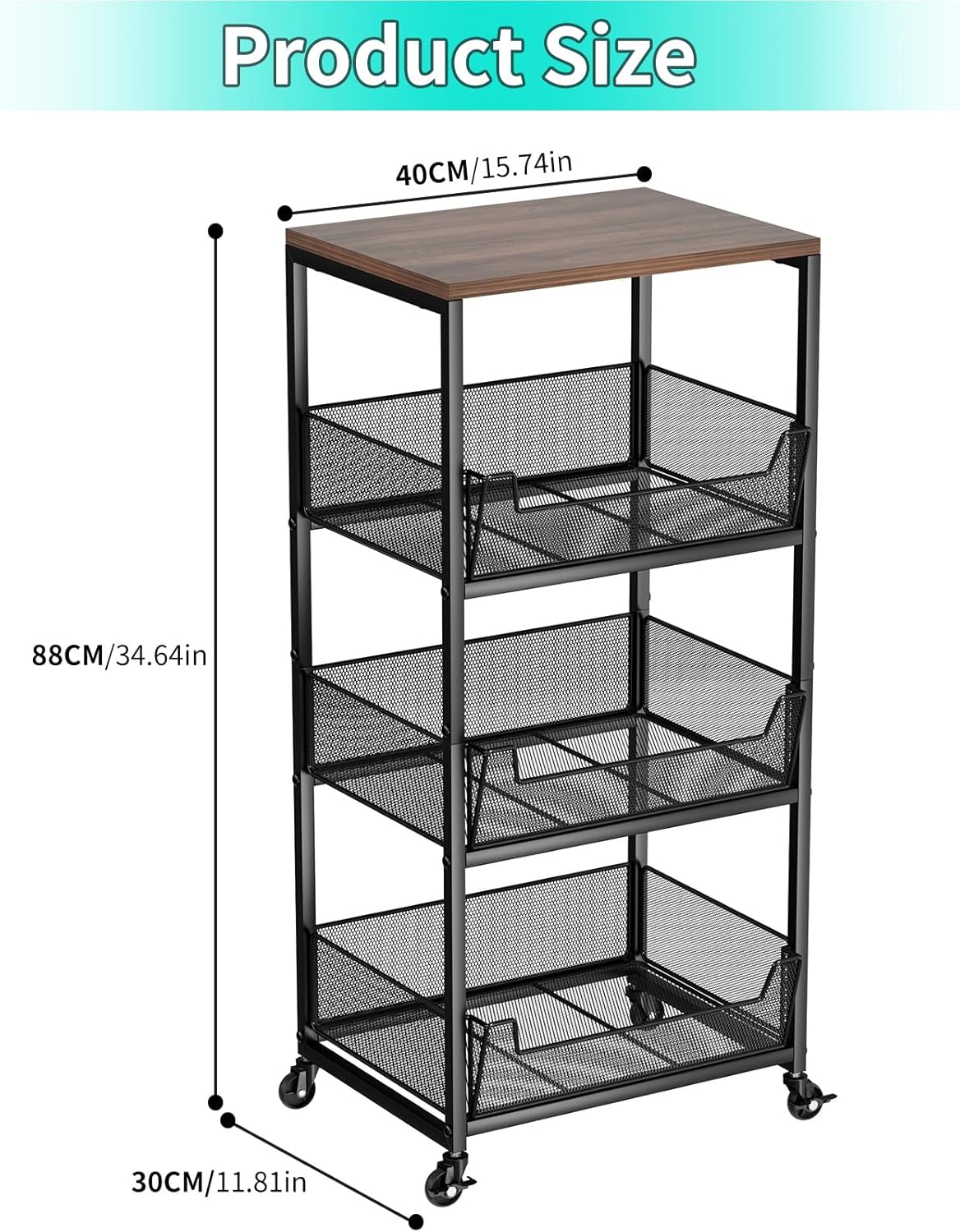 HapiRm Fruit Basket Kitchen Cart - 4-Tier Rolling Storage Cart with Wheels, Fruit Vegetable Basket with Wood Top, Pantry Utility Kitchen Organizer for Fruit Potato Onion Vegetable Bread Snack