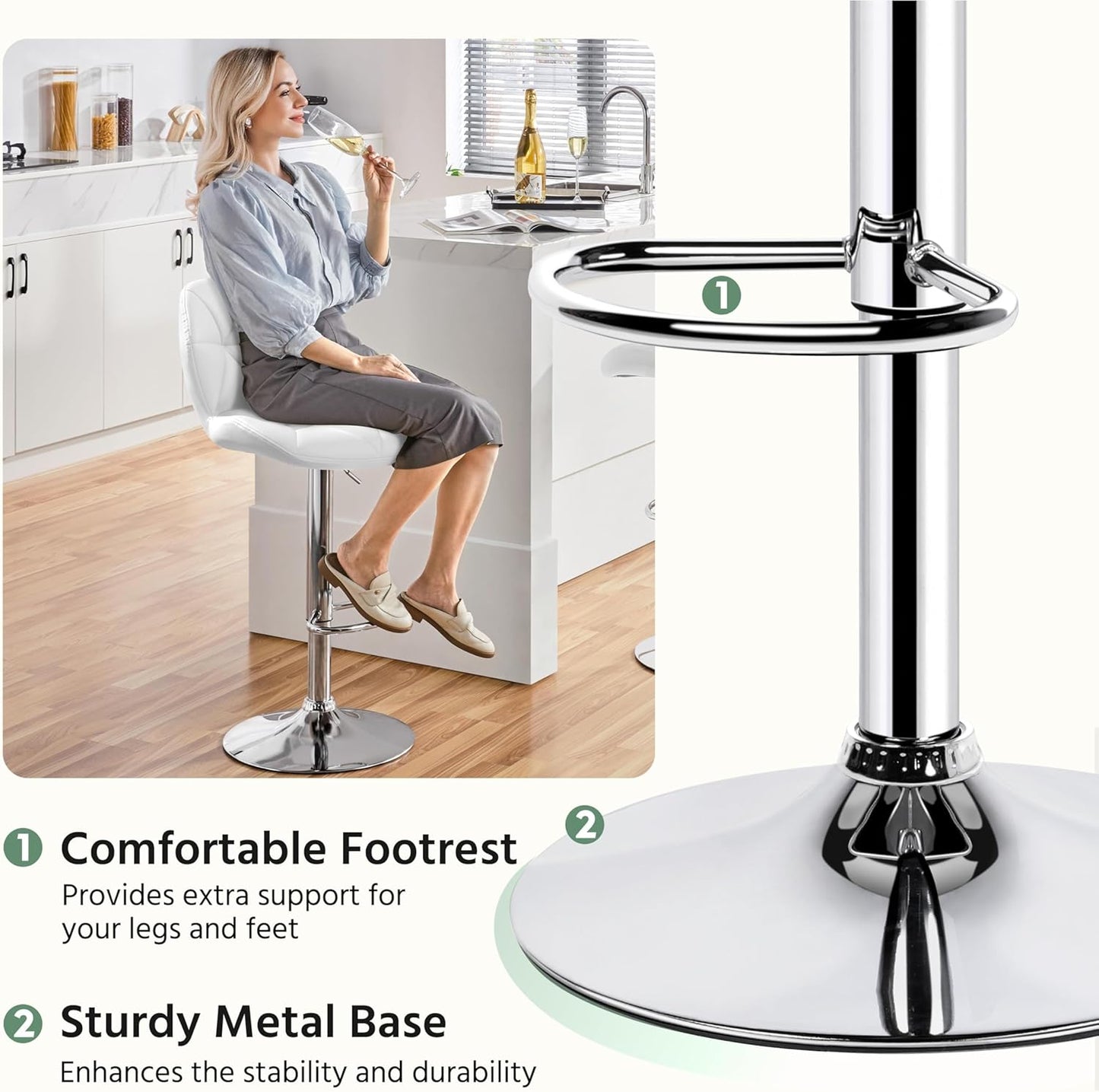 Yaheetech Bar Stools Set of 4, Adjustable PU Leather Swivel Barstools, Modern Counter Stools with Back and Footrest, Counter Height Barstools for Bar, Kitchen, Dining Room, White