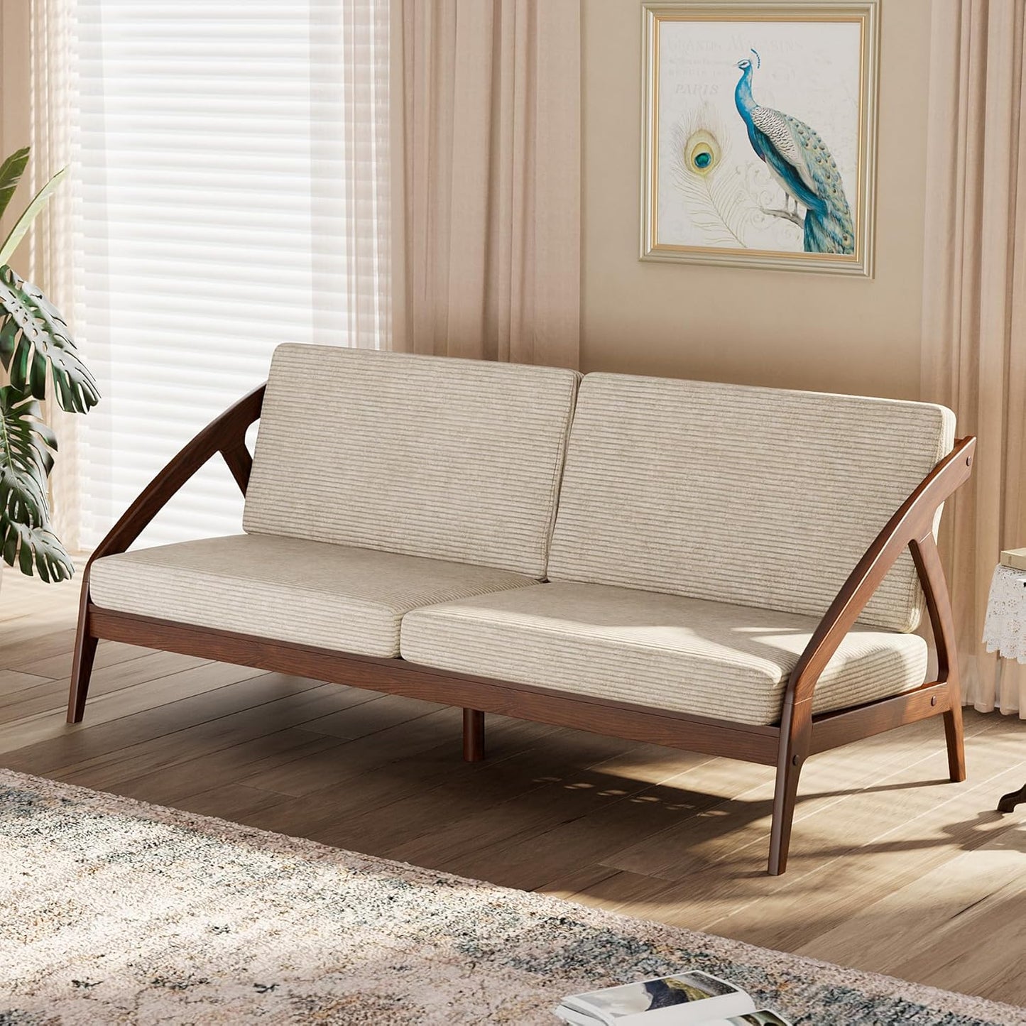 73.4" Solid Wood Upholstered Sofa, Comfortable Seat Cushion, White Waxwood Full Solid Wood Frame, Removable Cover, Suitable for Bedroom and Living Room, Easy to Assemble, Office Sofa